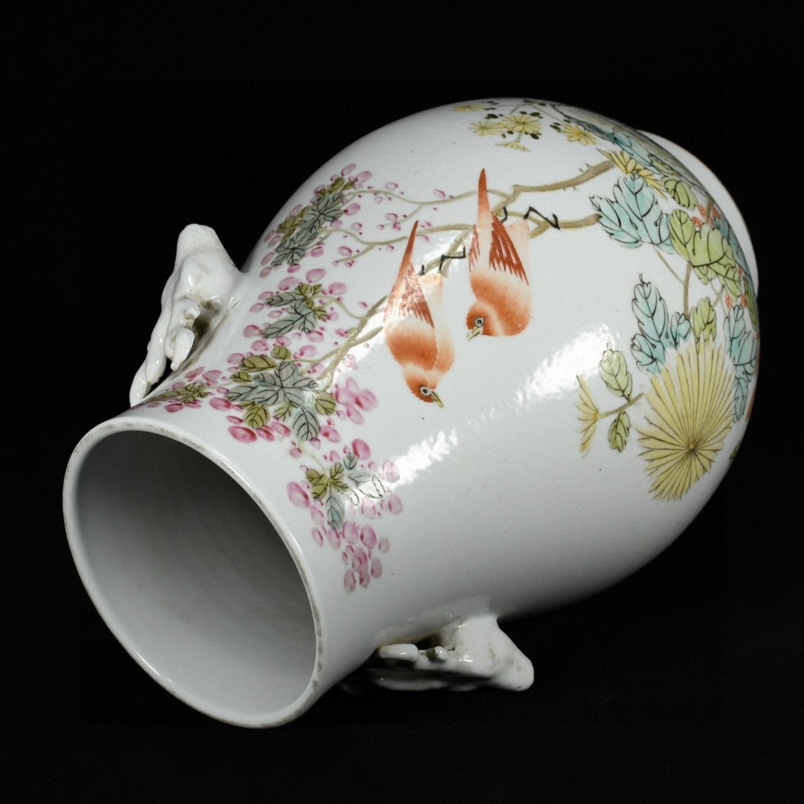 A Rare Light Crimson Color Flower and Bird Pattern Deer-Ears Vase - 7