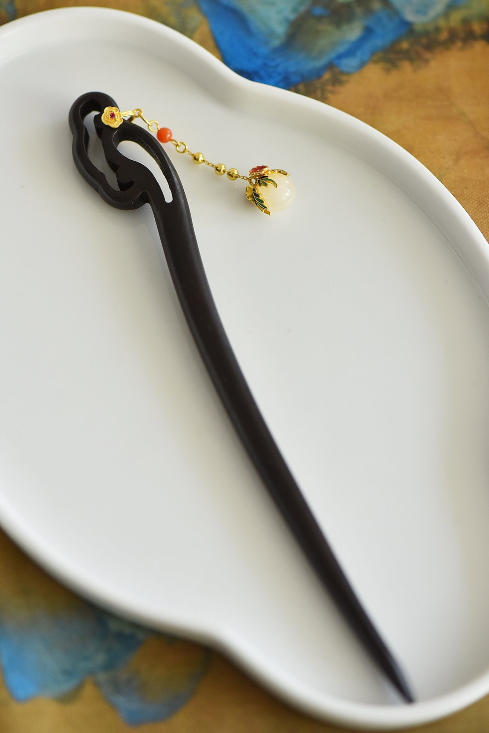 An Exquisite Sterling Silver-Gold Plated Inlaid White Jade Ebony Hairpin - 2