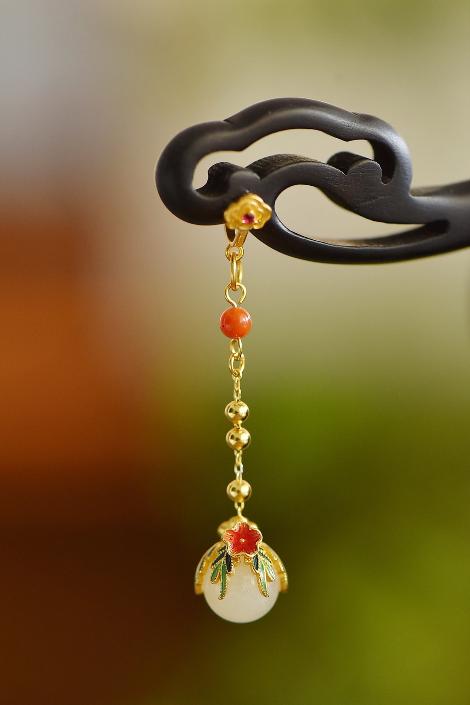 An Exquisite Sterling Silver-Gold Plated Inlaid White Jade Ebony Hairpin - 5
