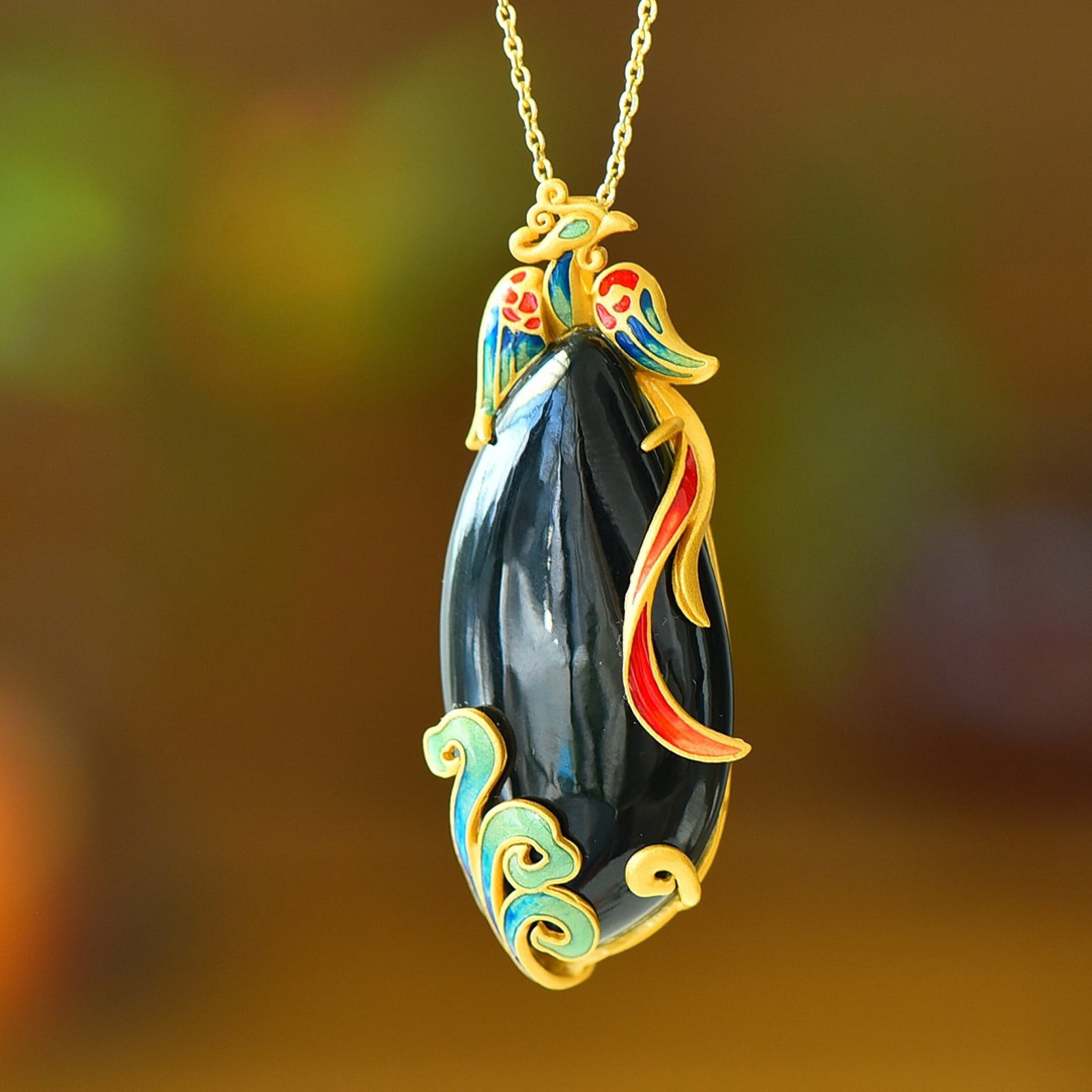An Exquisite Sterling Silver-Gold Plated Inlaid Black Jade Pendant - 3