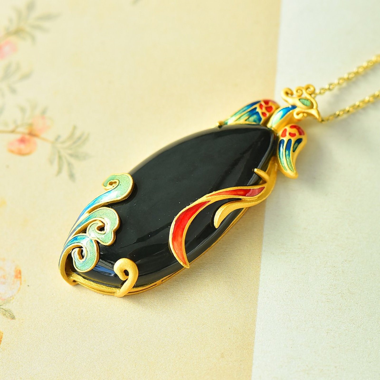 An Exquisite Sterling Silver-Gold Plated Inlaid Black Jade Pendant - 4
