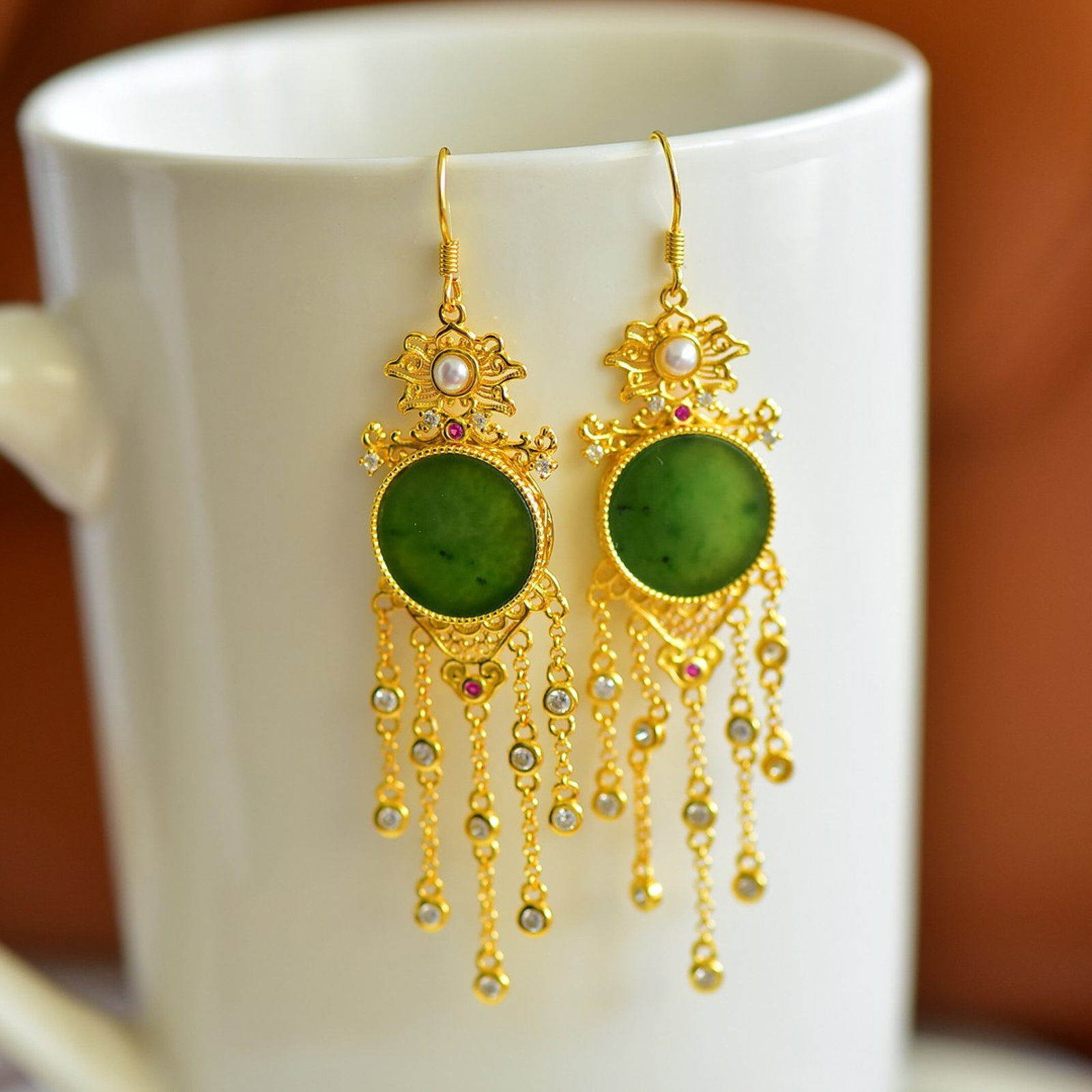 A Set of Fine Sterling Silver-Gold Plated Inlaid Jasper Jewelry,Inlaid Diamonds - 3