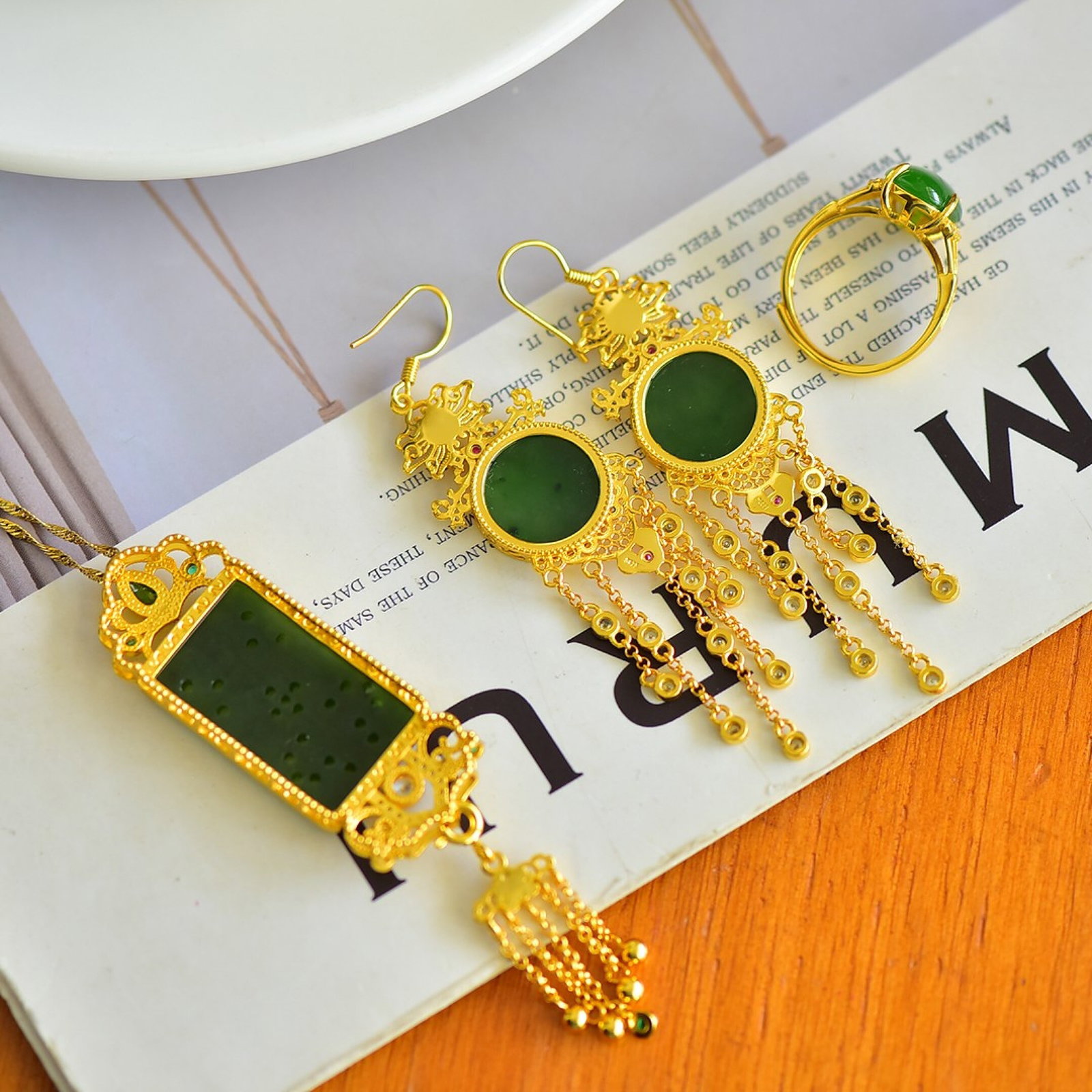 A Set of Fine Sterling Silver-Gold Plated Inlaid Jasper Jewelry,Inlaid Diamonds - 5