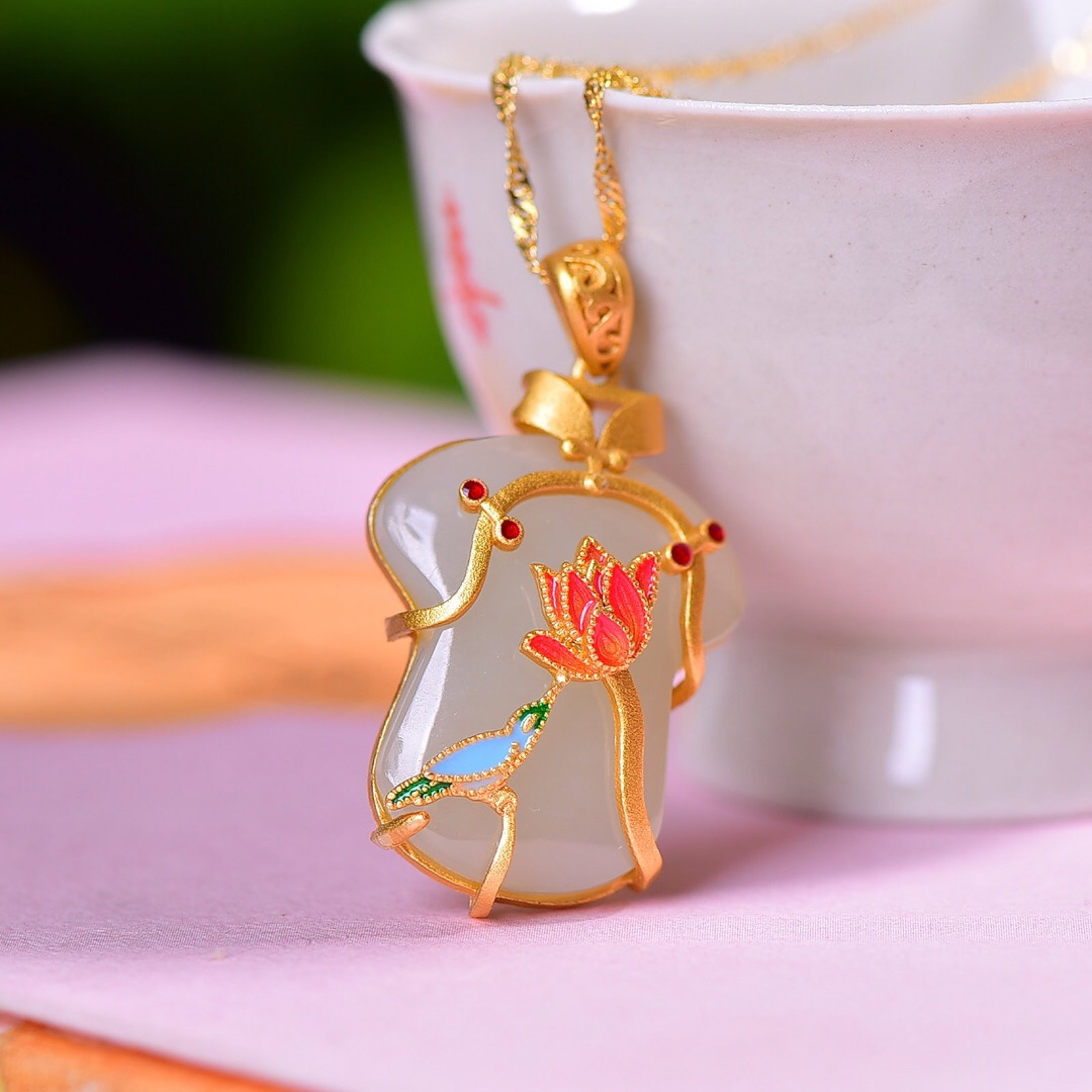 An Exquisite Sterling Silver-Gold Plated Inlaid White Jade Enamel Pendant - 4