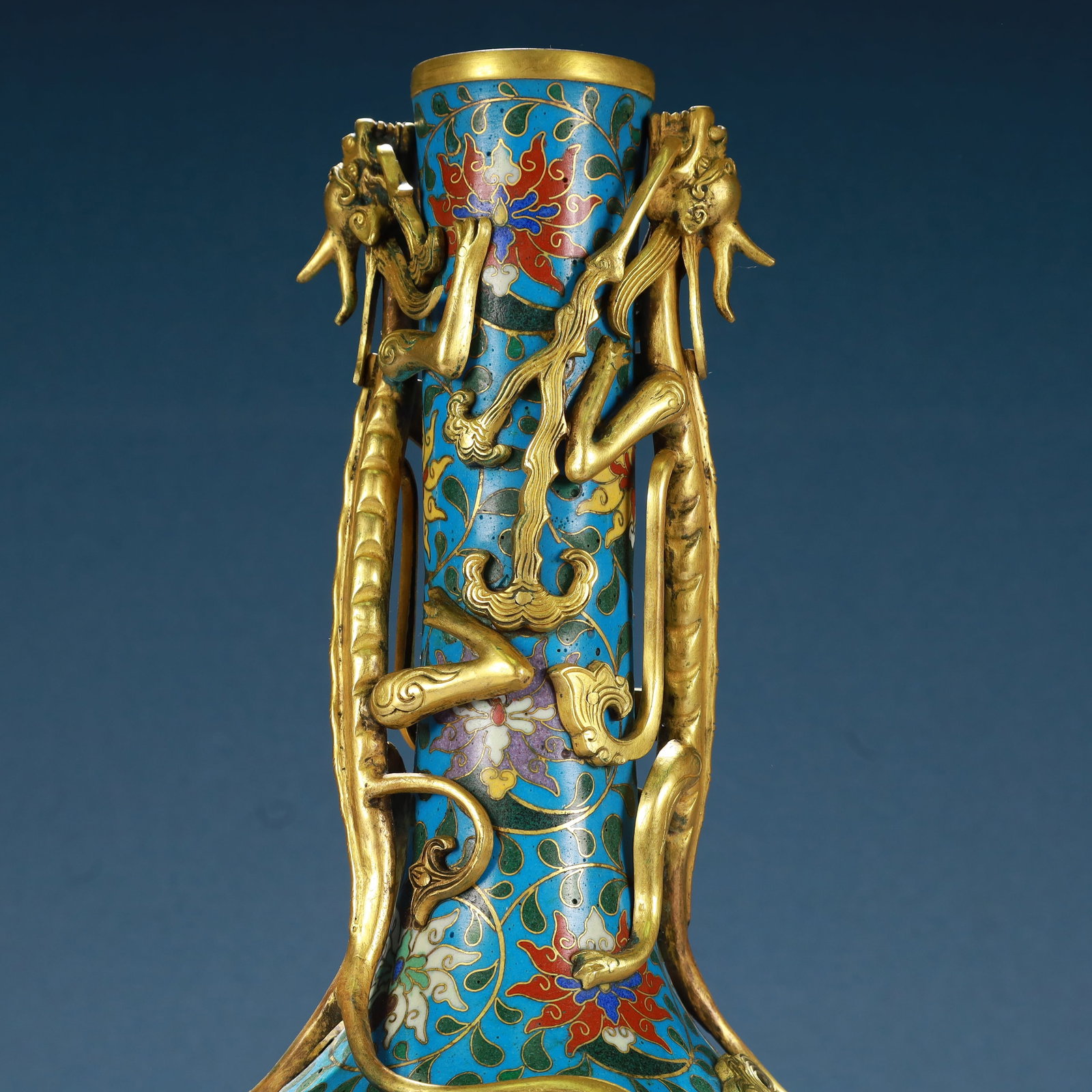 A Rare Cloisonne Lotus Pattern Dragon-Ears Vase - 2