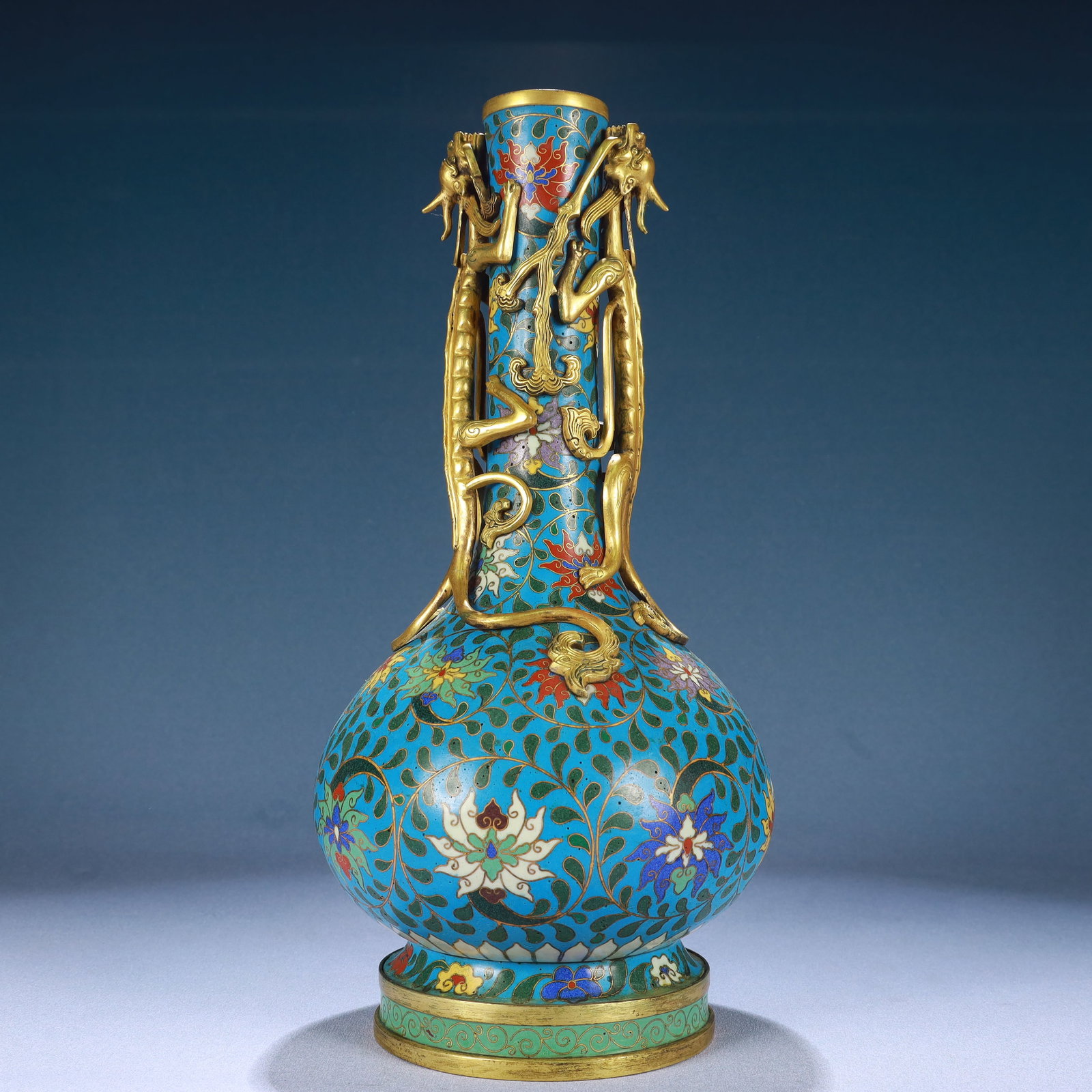 A Rare Cloisonne Lotus Pattern Dragon-Ears Vase - 7