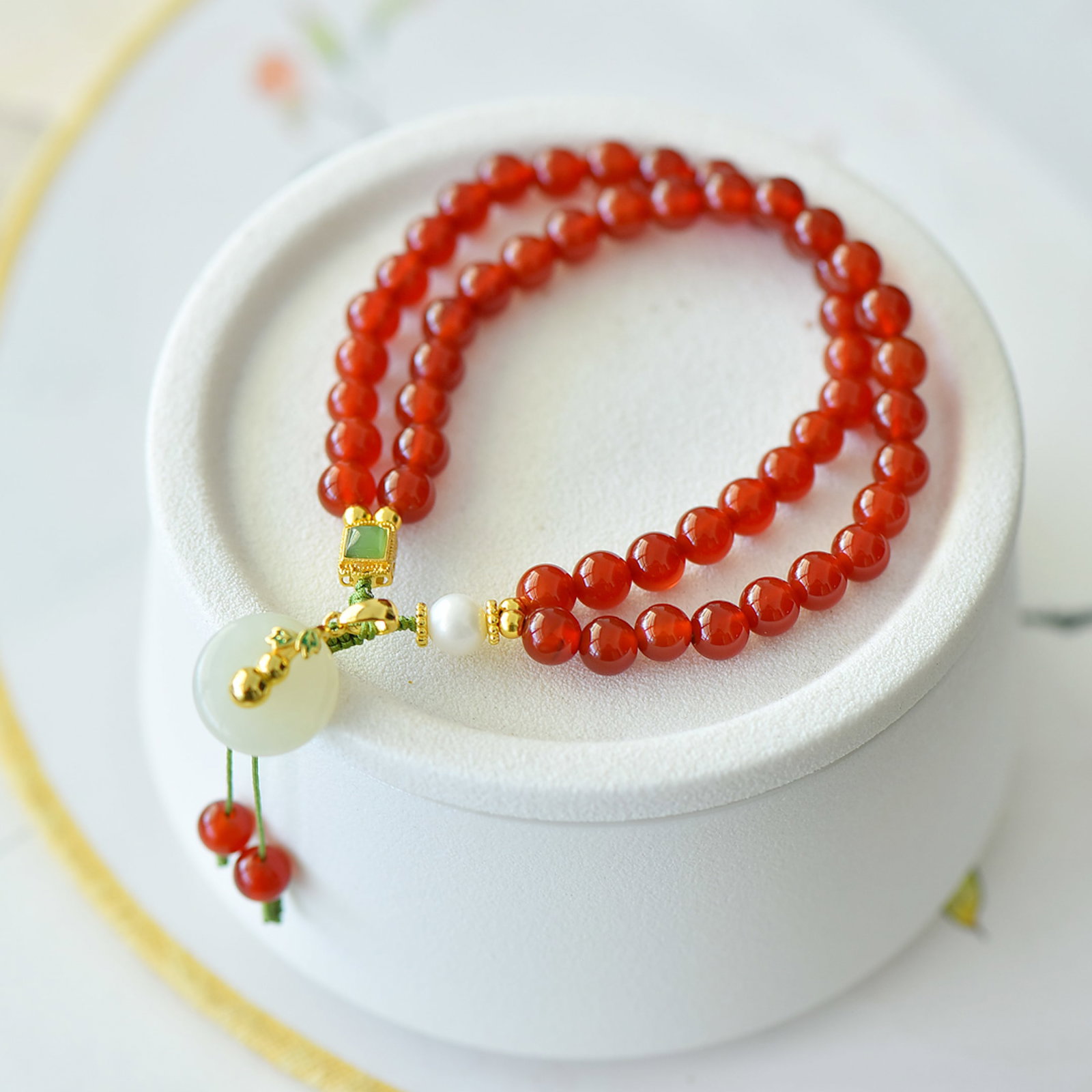 An Exquisite Sterling Silver-Gold Plated Inlaid Agate Bracelet,Inlaid White Jade - 2