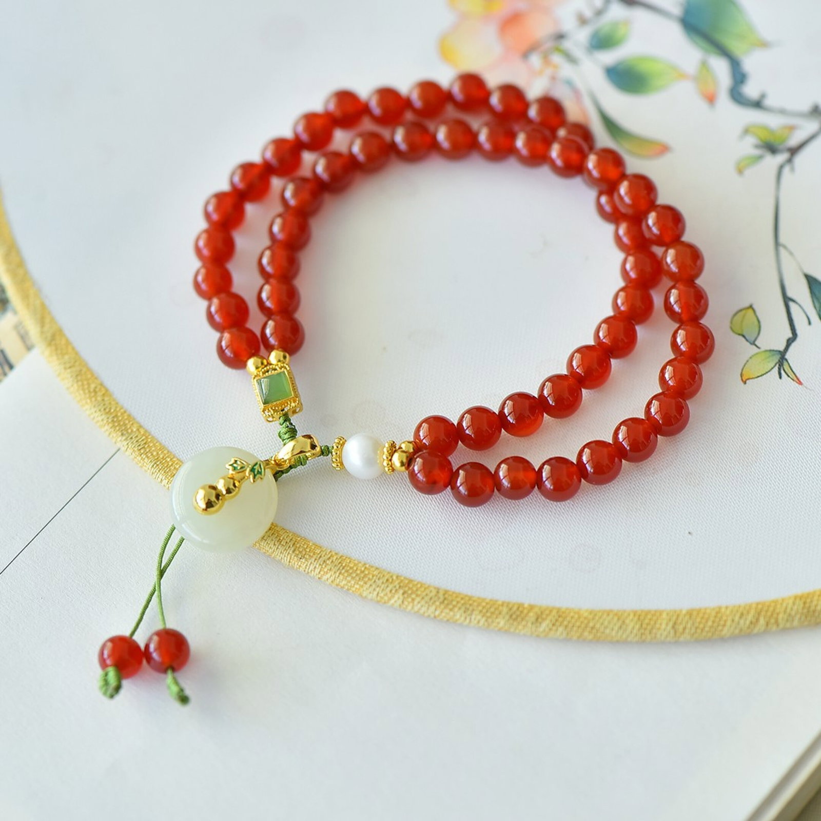 An Exquisite Sterling Silver-Gold Plated Inlaid Agate Bracelet,Inlaid White Jade - 3