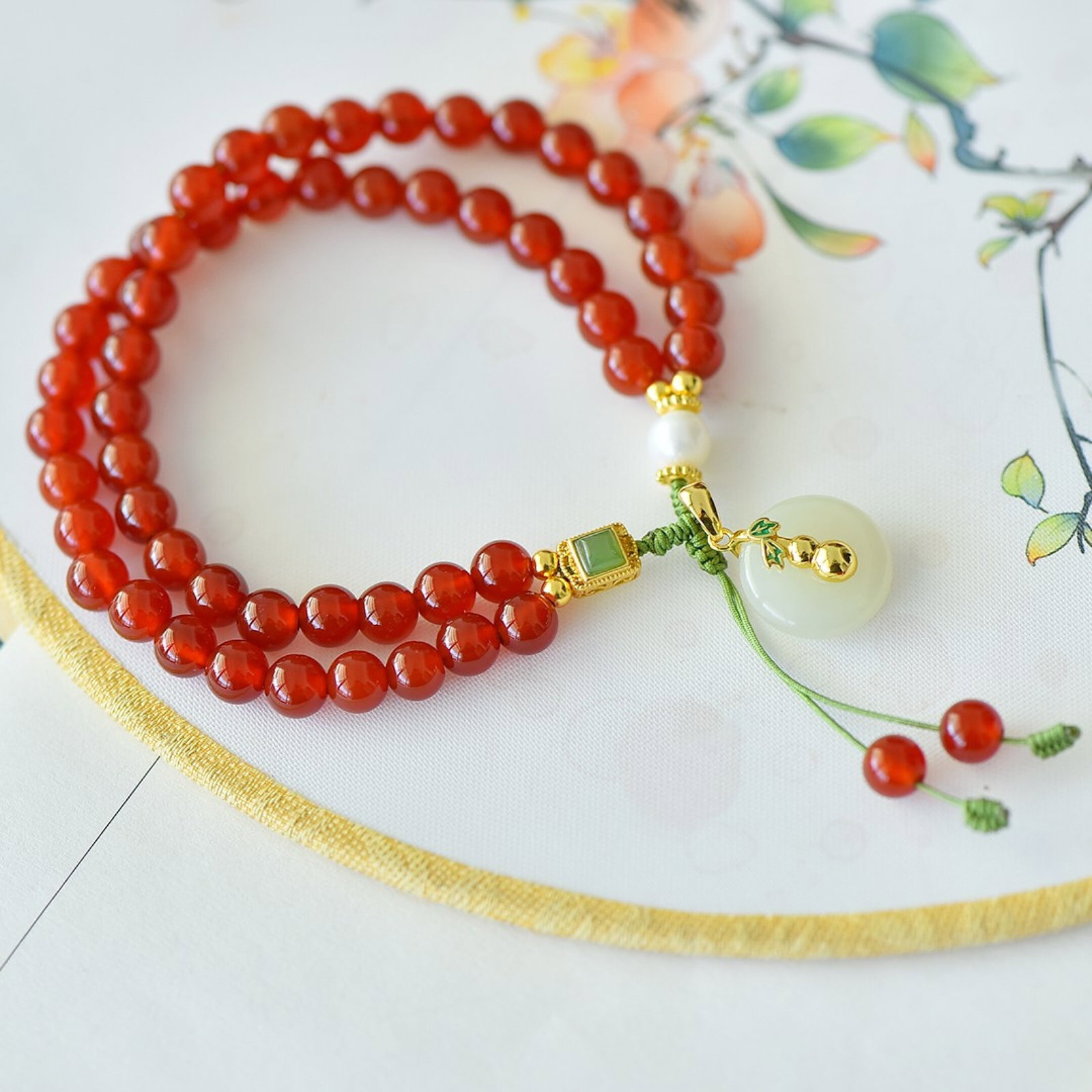 An Exquisite Sterling Silver-Gold Plated Inlaid Agate Bracelet,Inlaid White Jade - 4