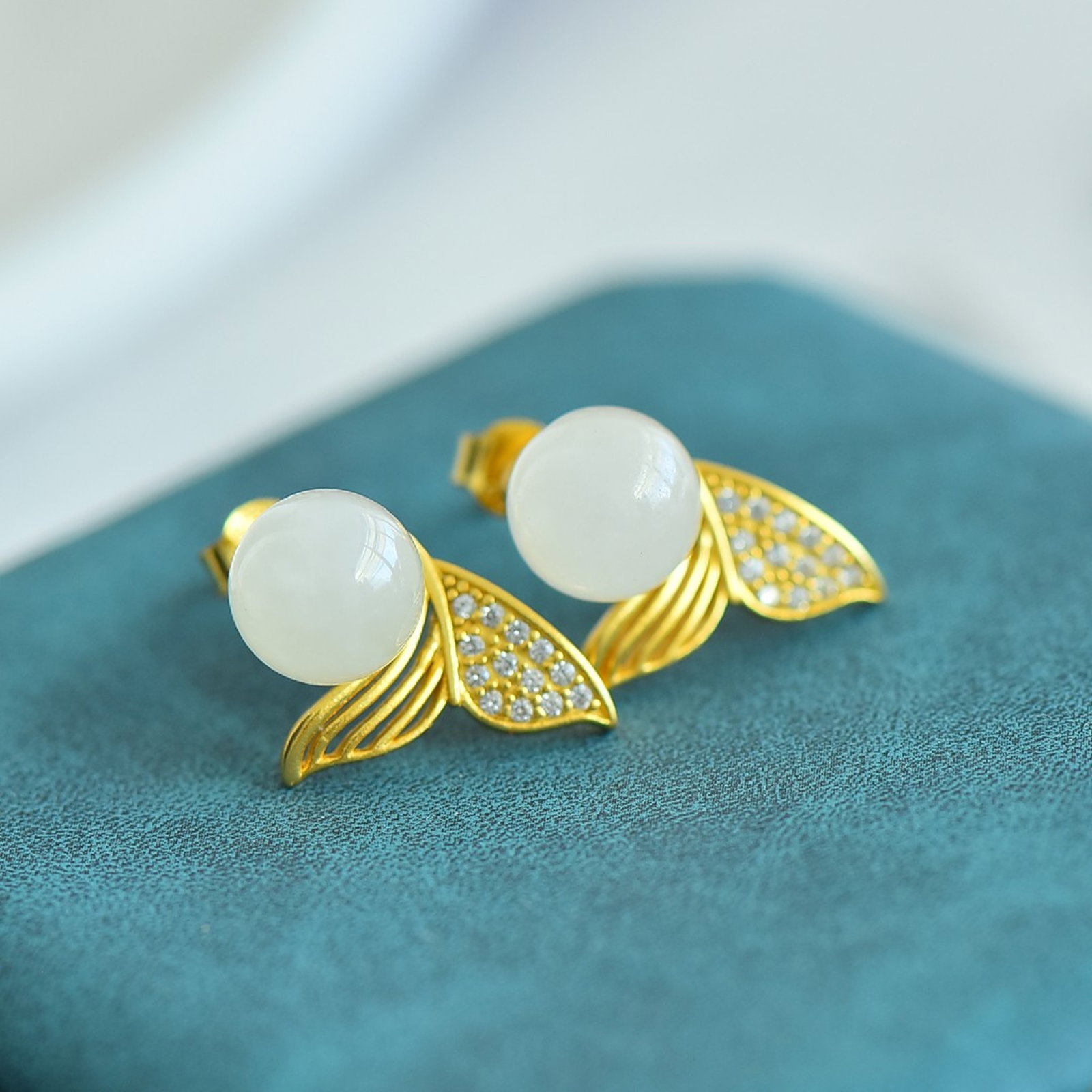 A Pair of Exquisite Sterling Silver-Gold Plated Inlaid White Jade Earring , Inlaid Diamonds - 2