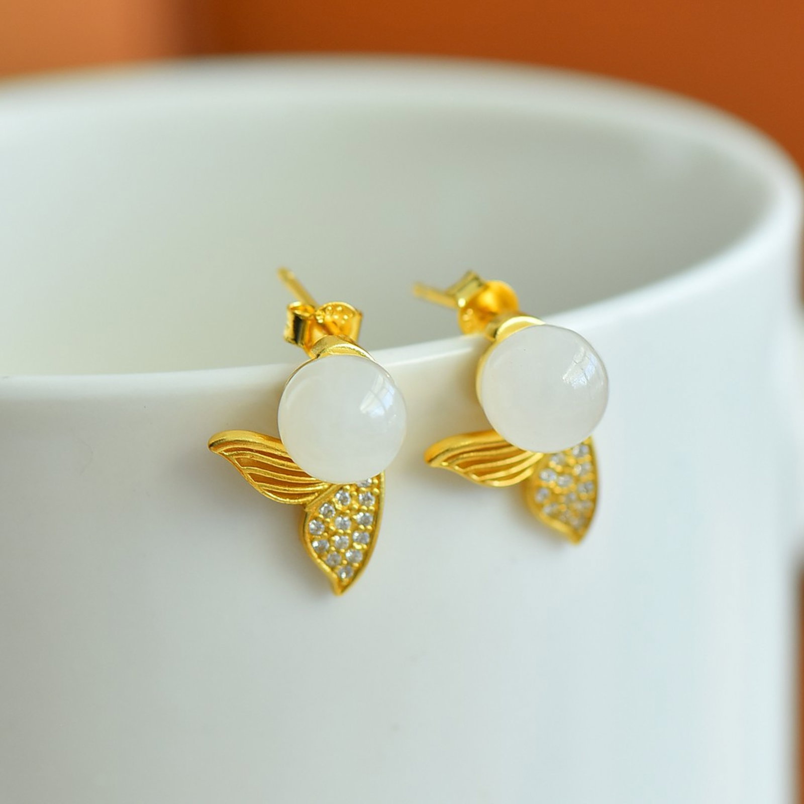 A Pair of Exquisite Sterling Silver-Gold Plated Inlaid White Jade Earring , Inlaid Diamonds - 4