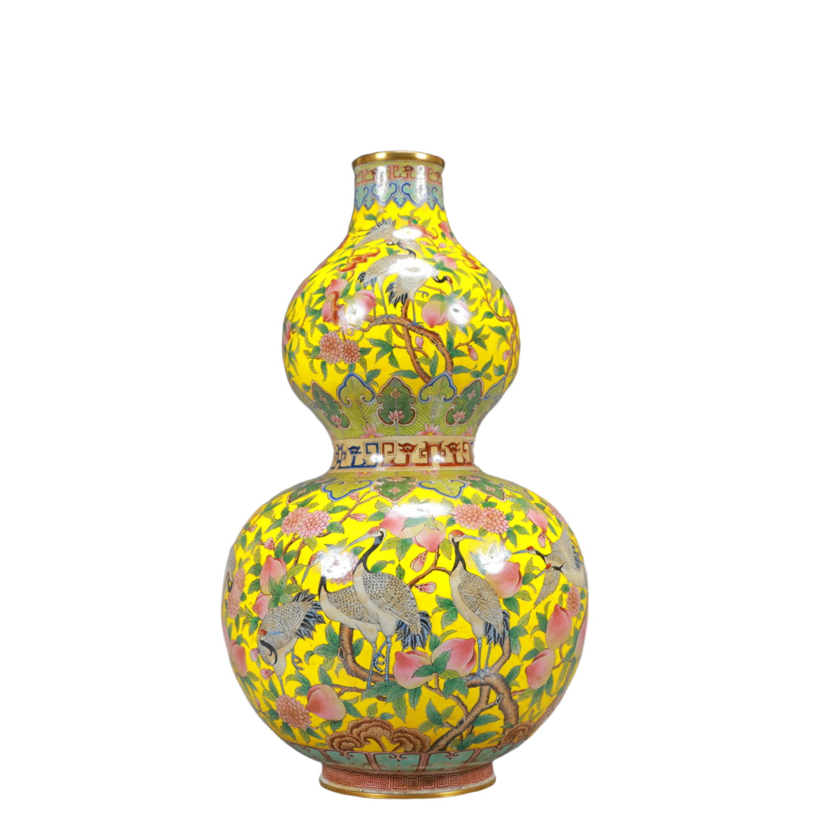 A Rare Painted Enamel Crane and Peach Pattern Gourd-Shaped Vase - 5