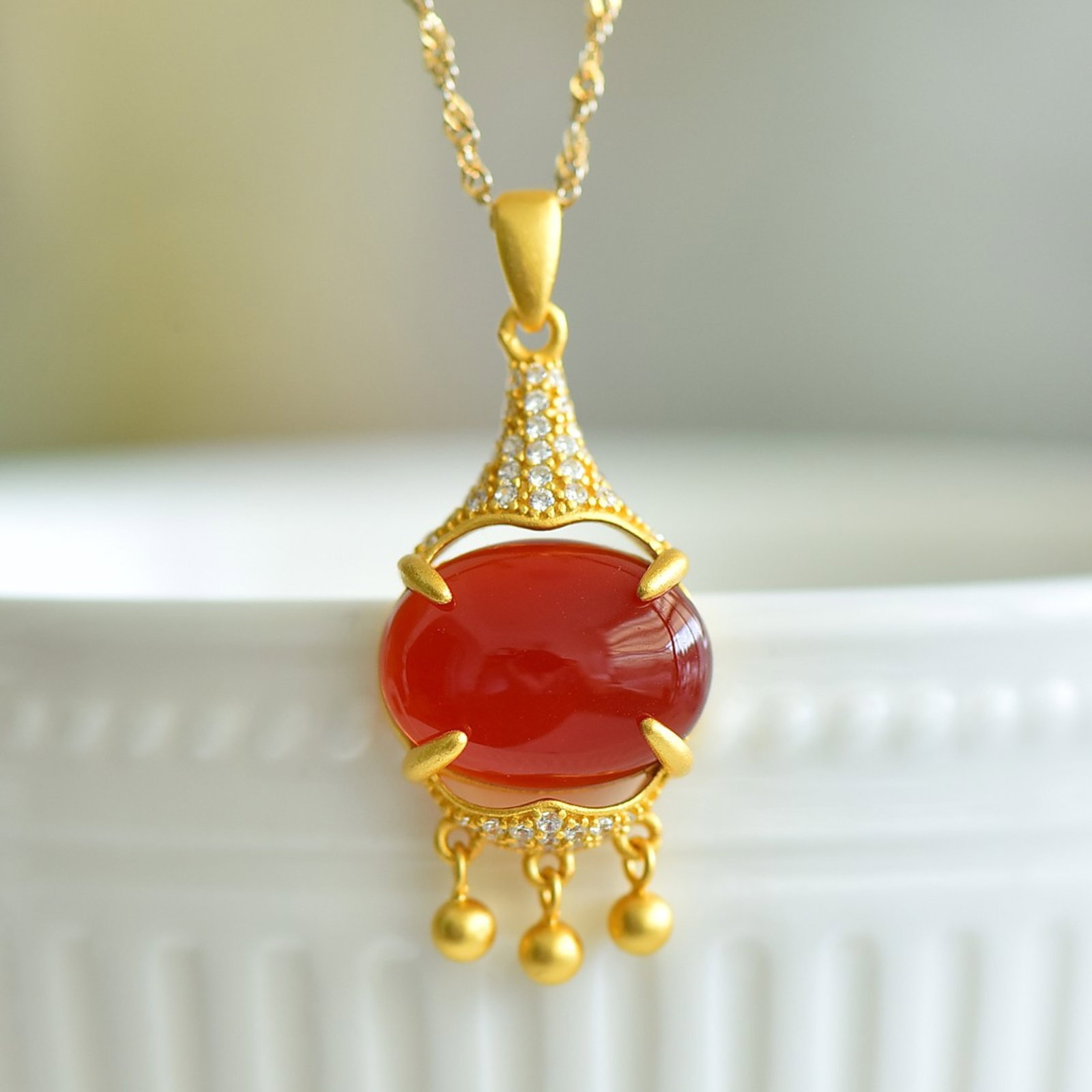 An Exquisite Sterling Silver-Gold Plated Inlaid Agate Pendant,Inlaid Diamond - 3