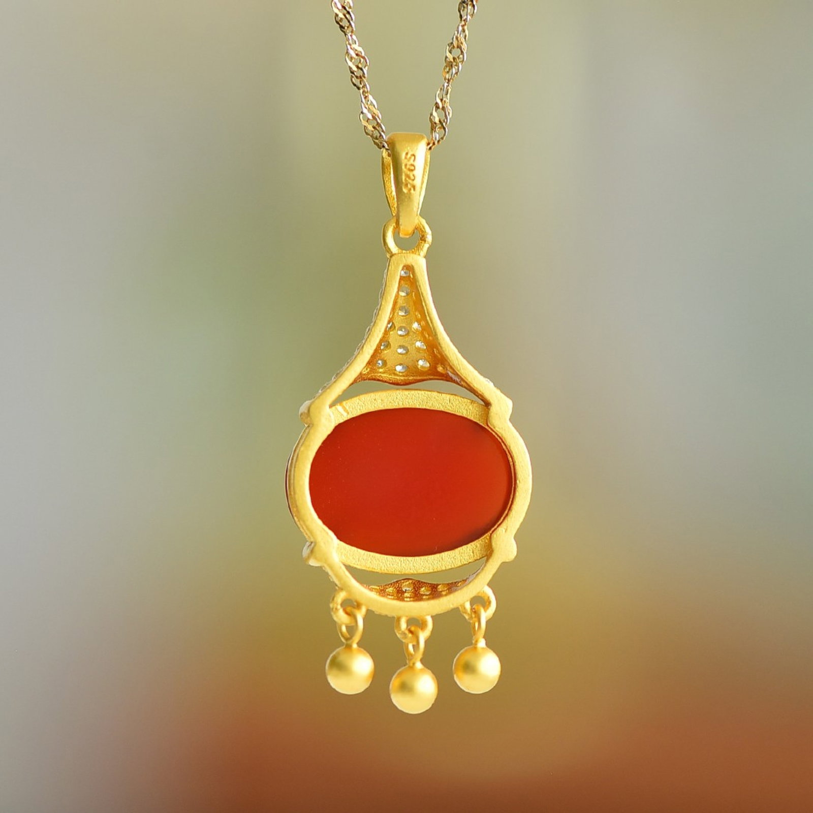 An Exquisite Sterling Silver-Gold Plated Inlaid Agate Pendant,Inlaid Diamond - 5
