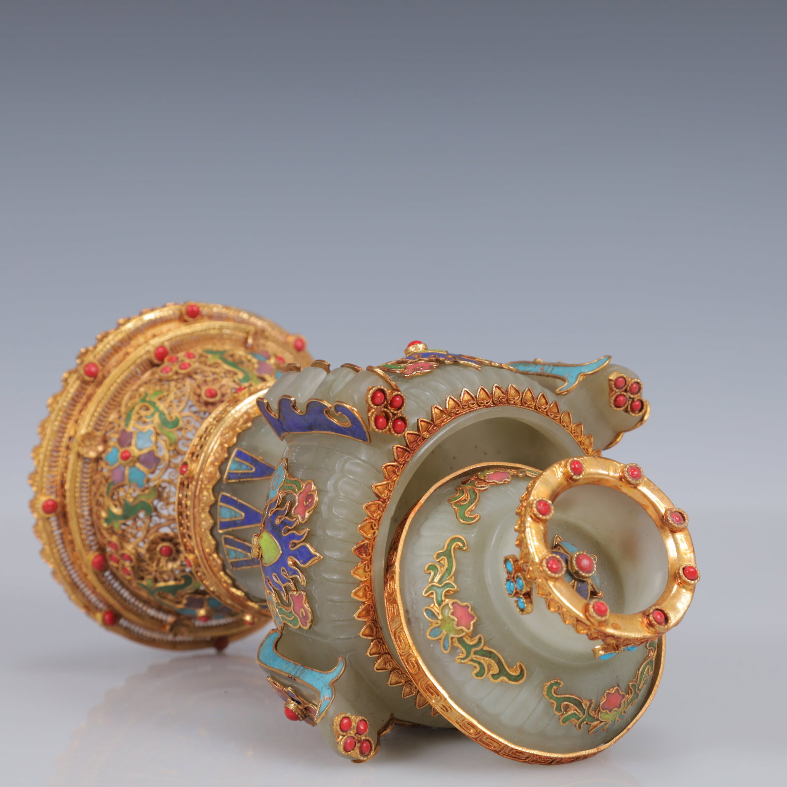 An Exquisite Filigree and Gilding Inlaid White Jade Double-Ears Censer,Inlaid Gems - 10