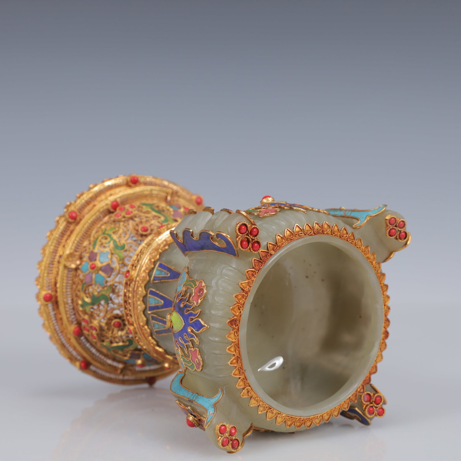 An Exquisite Filigree and Gilding Inlaid White Jade Double-Ears Censer,Inlaid Gems - 11