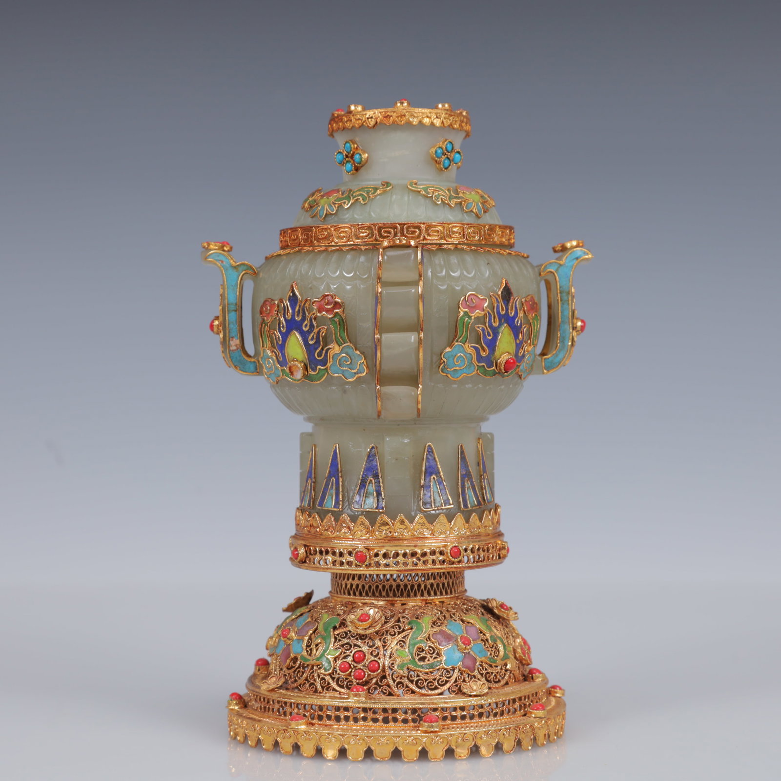 An Exquisite Filigree and Gilding Inlaid White Jade Double-Ears Censer,Inlaid Gems: Estimated Value:3000-6000 An Exquisite Filigree and Gilding Inlaid White Jade Double-Ears Censer,Inlaid Gems,Qing Dynasty, China,Qianlong Four-Character Mark,Size:3.9inx7.1in,Weight:650g