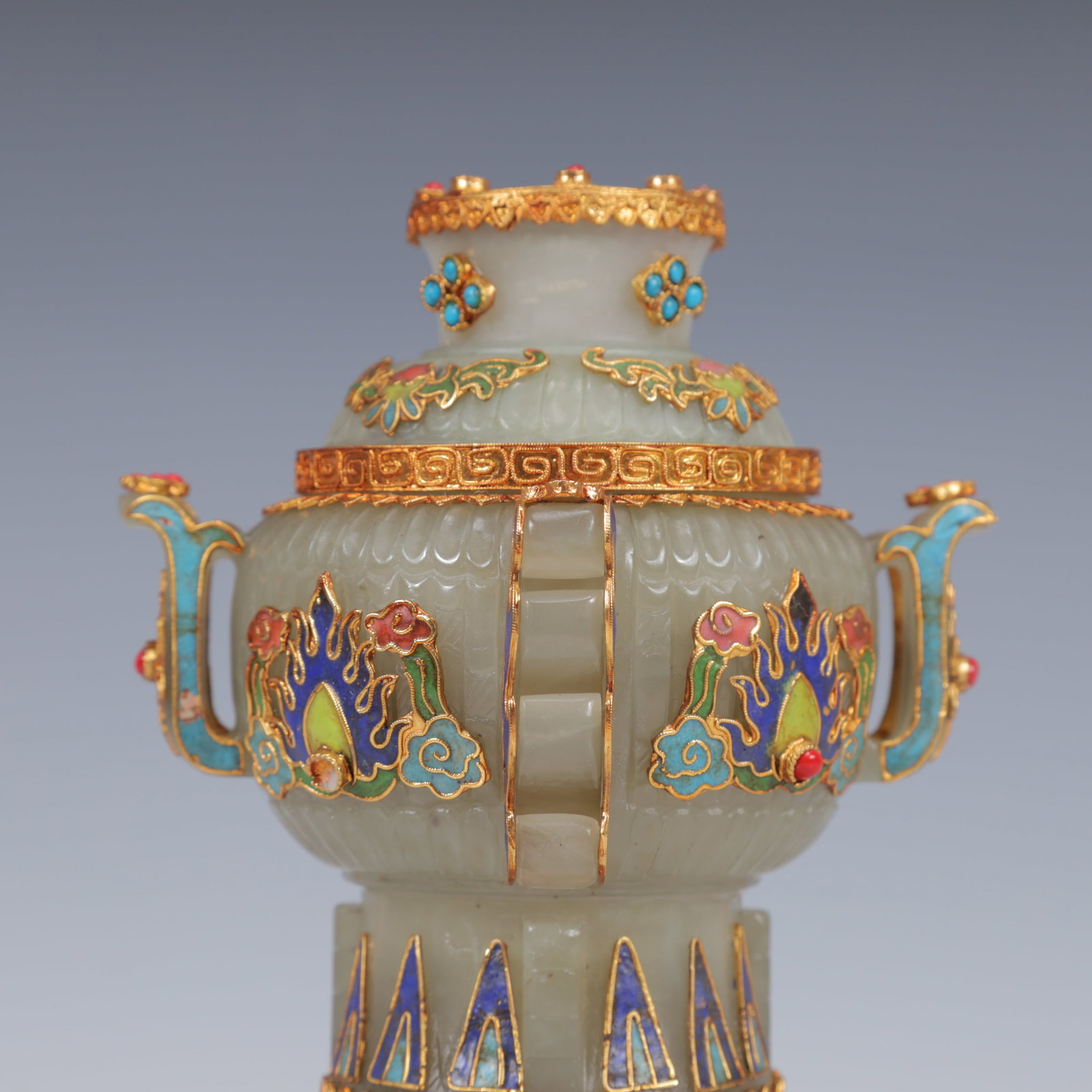 An Exquisite Filigree and Gilding Inlaid White Jade Double-Ears Censer,Inlaid Gems - 2