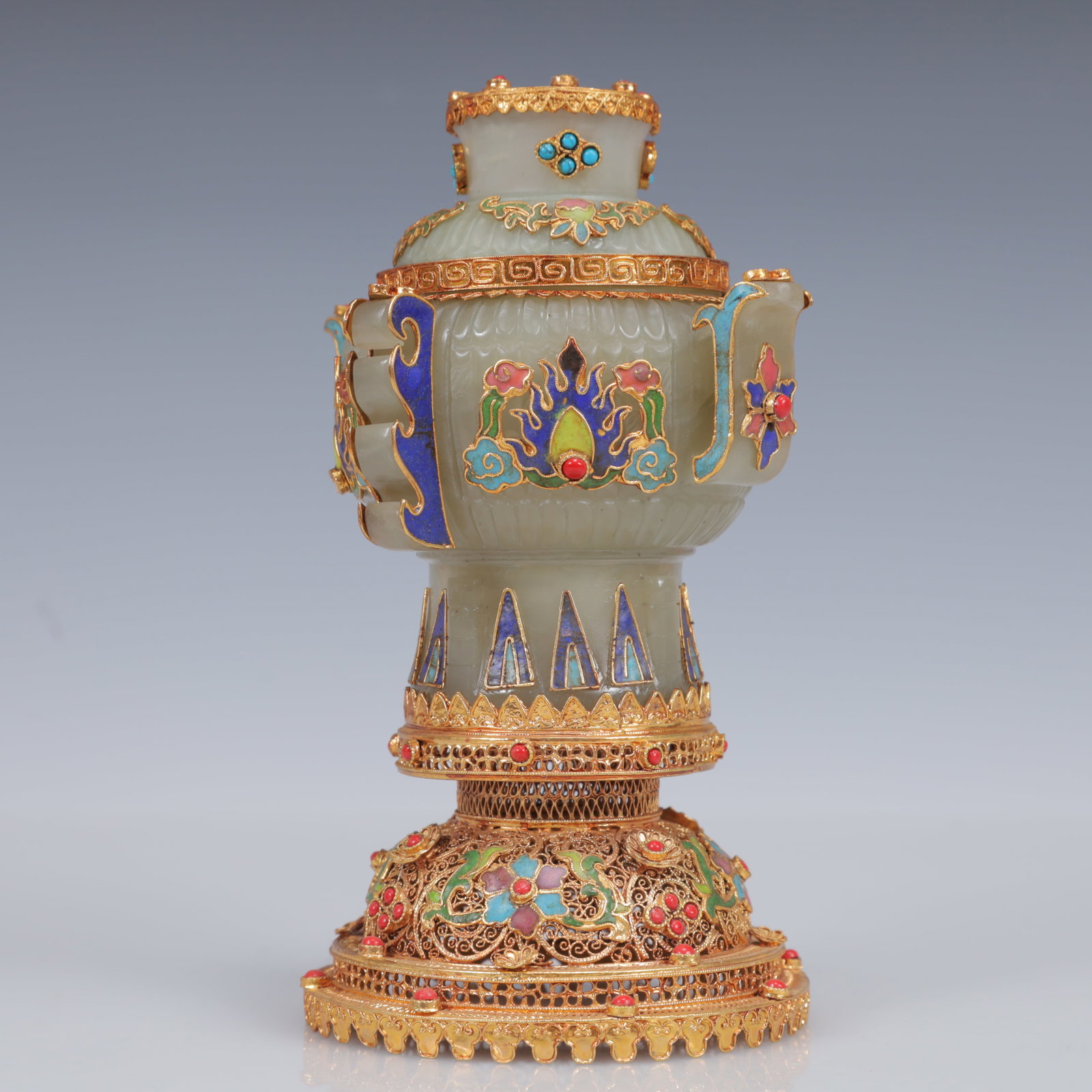 An Exquisite Filigree and Gilding Inlaid White Jade Double-Ears Censer,Inlaid Gems - 4