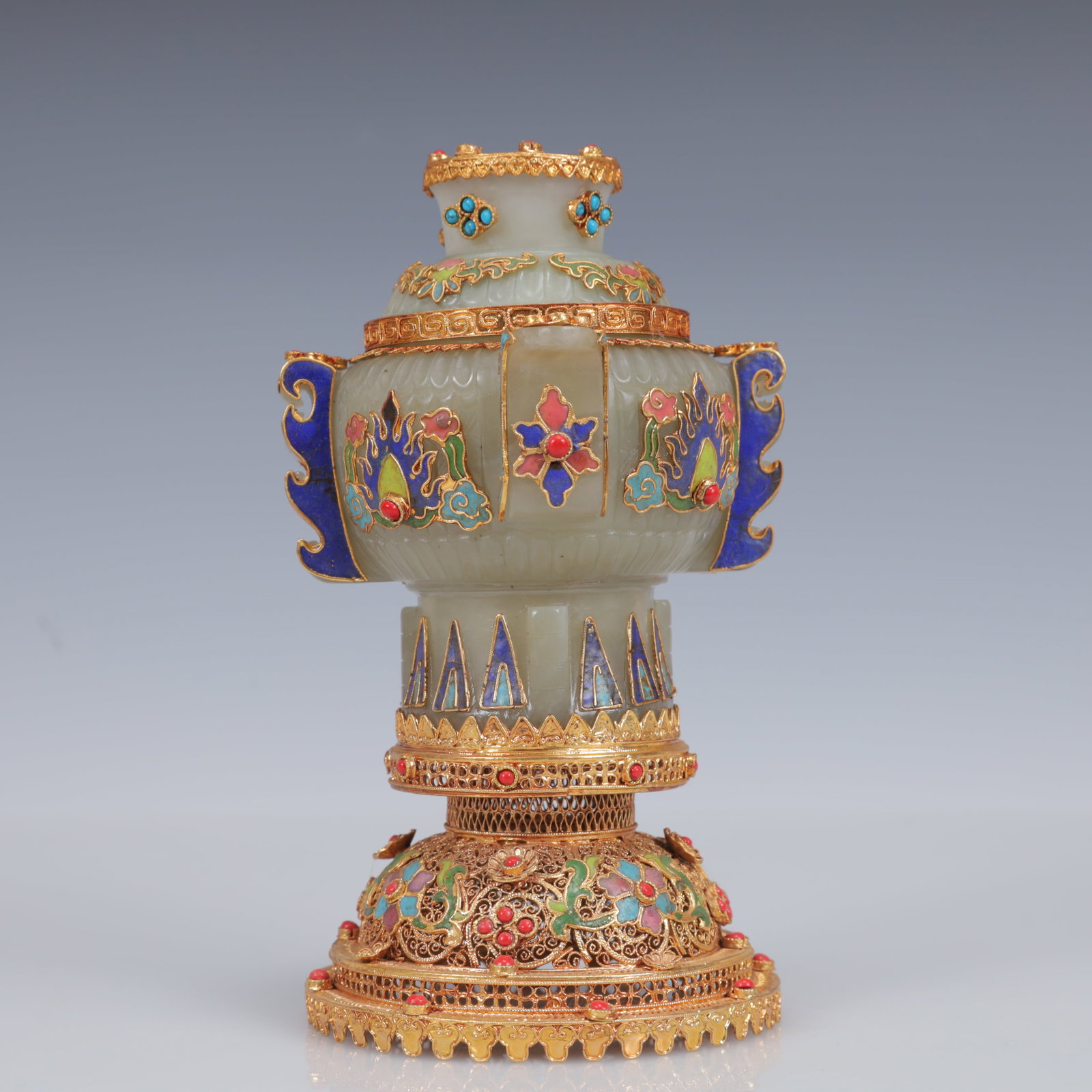 An Exquisite Filigree and Gilding Inlaid White Jade Double-Ears Censer,Inlaid Gems - 5