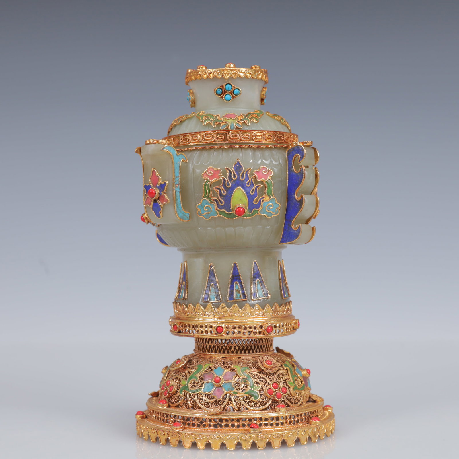 An Exquisite Filigree and Gilding Inlaid White Jade Double-Ears Censer,Inlaid Gems - 6