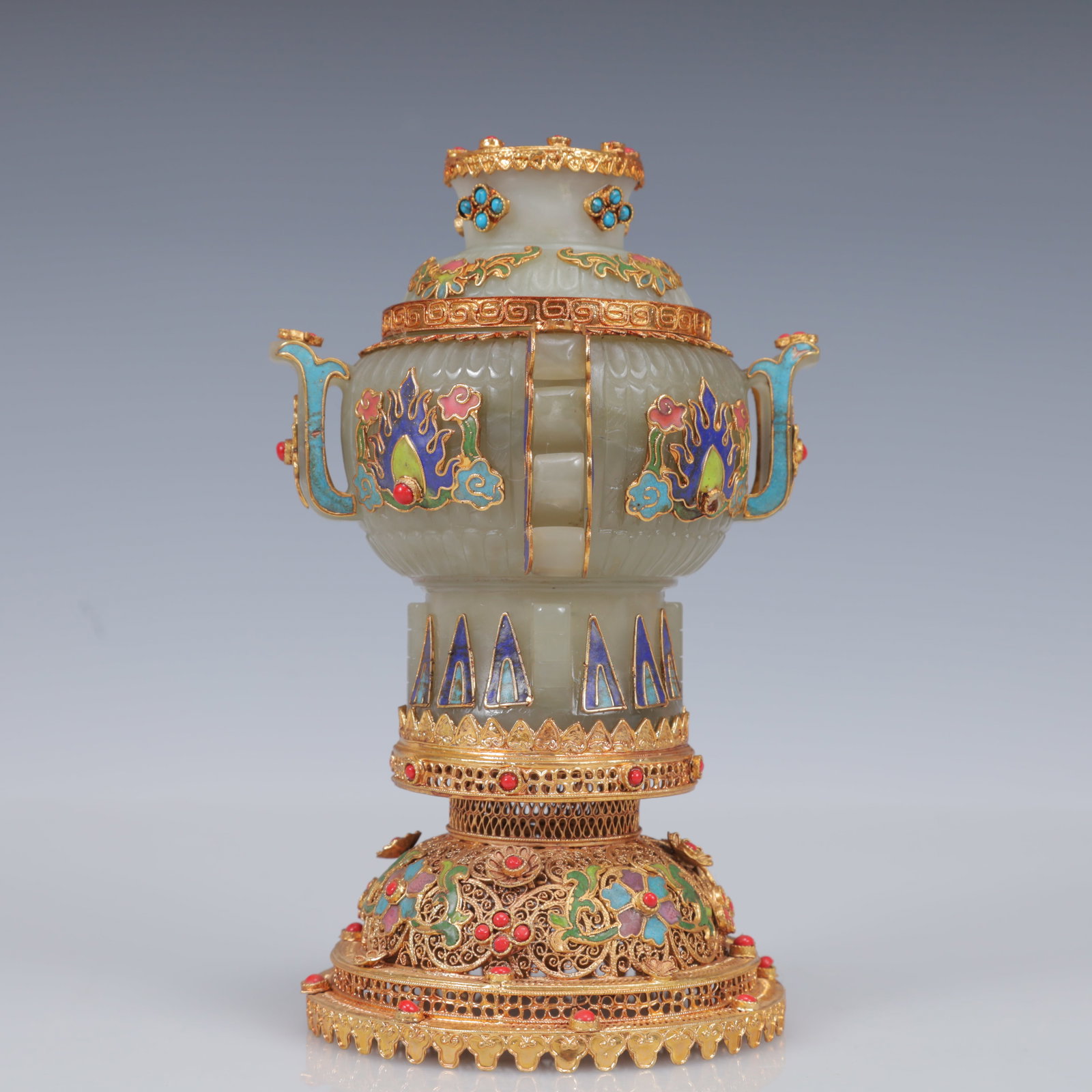 An Exquisite Filigree and Gilding Inlaid White Jade Double-Ears Censer,Inlaid Gems - 7