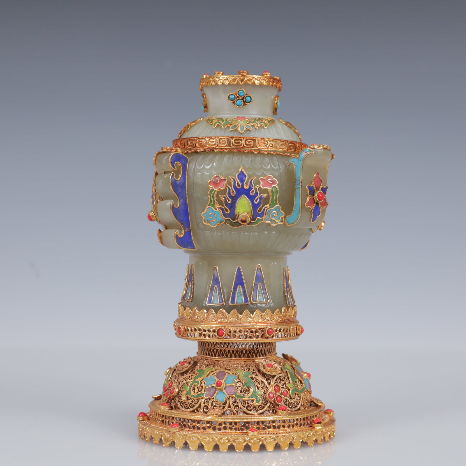 An Exquisite Filigree and Gilding Inlaid White Jade Double-Ears Censer,Inlaid Gems - 8