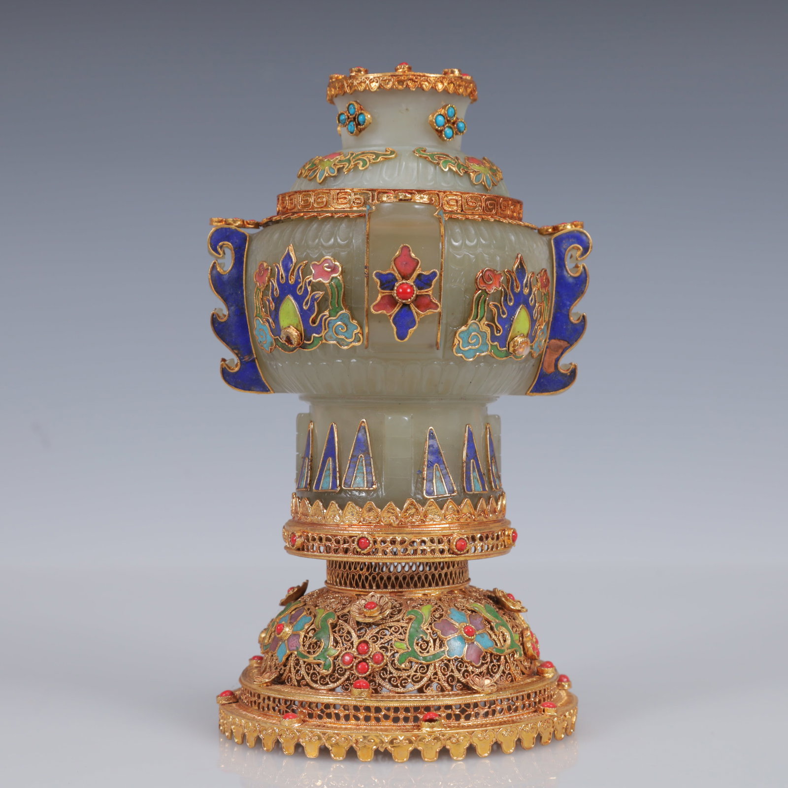 An Exquisite Filigree and Gilding Inlaid White Jade Double-Ears Censer,Inlaid Gems - 9