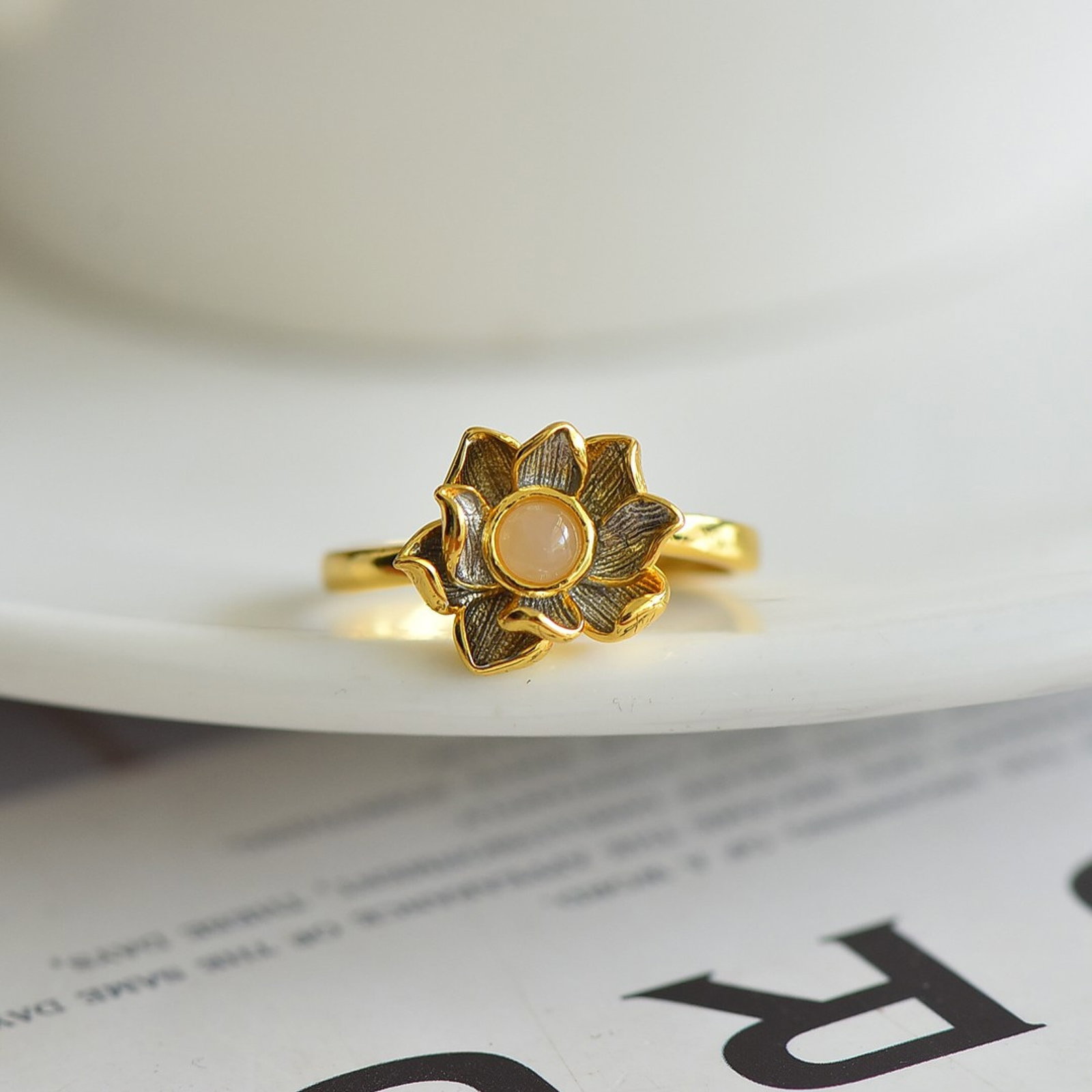 An Exquisite Sterling Silver-Gold Plated Inlaid White Jade Ring - 2