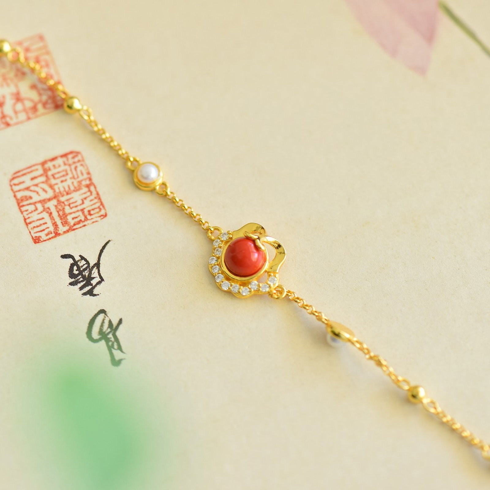 An Exquisite Sterling Silver-Gold Plated Inlaid Cinnabar Bracelets,Inlaid Diamond With Pearls - 2