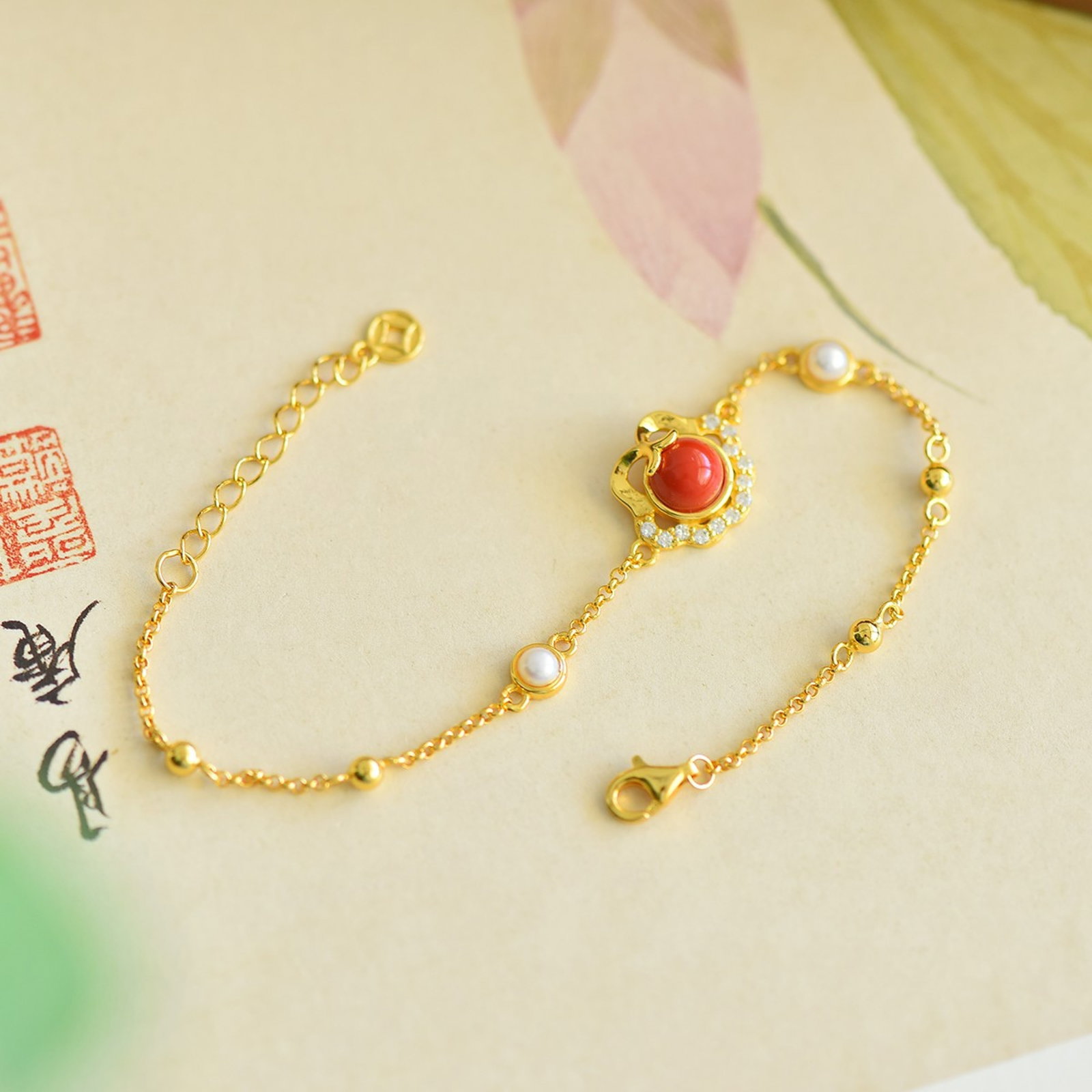 An Exquisite Sterling Silver-Gold Plated Inlaid Cinnabar Bracelets,Inlaid Diamond With Pearls - 3