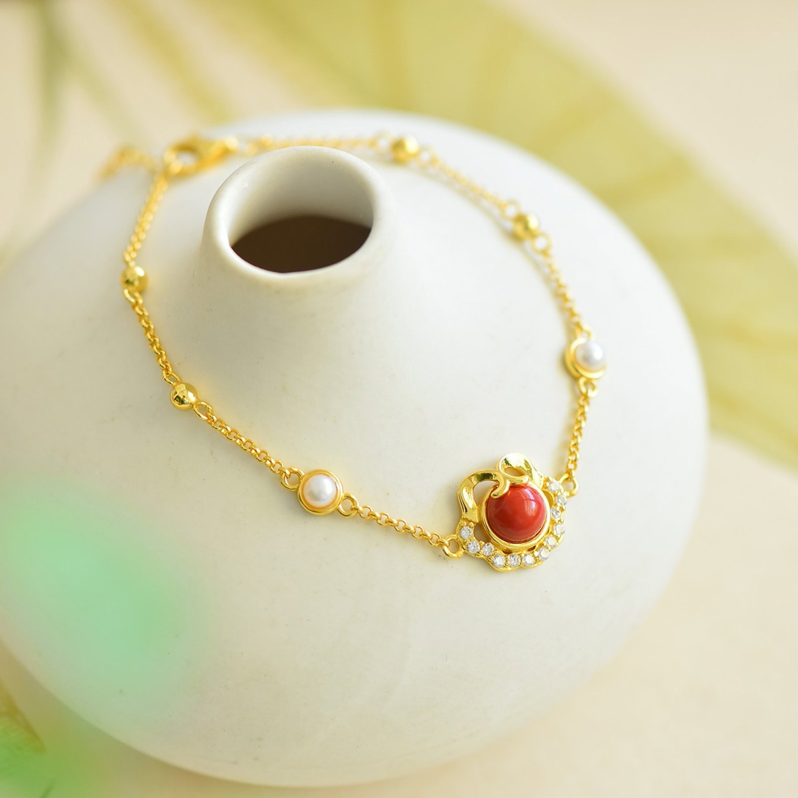 An Exquisite Sterling Silver-Gold Plated Inlaid Cinnabar Bracelets,Inlaid Diamond With Pearls - 4