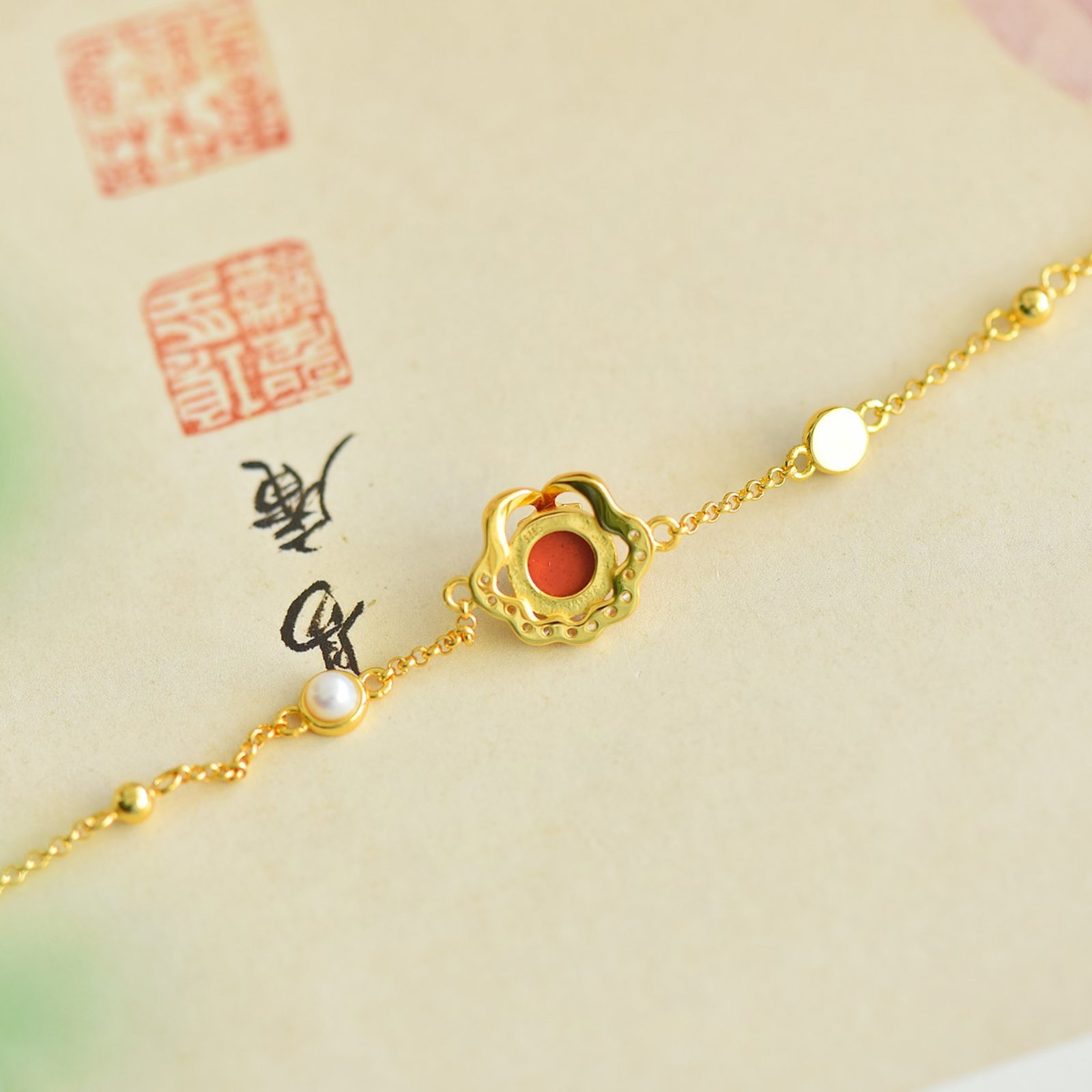 An Exquisite Sterling Silver-Gold Plated Inlaid Cinnabar Bracelets,Inlaid Diamond With Pearls - 5