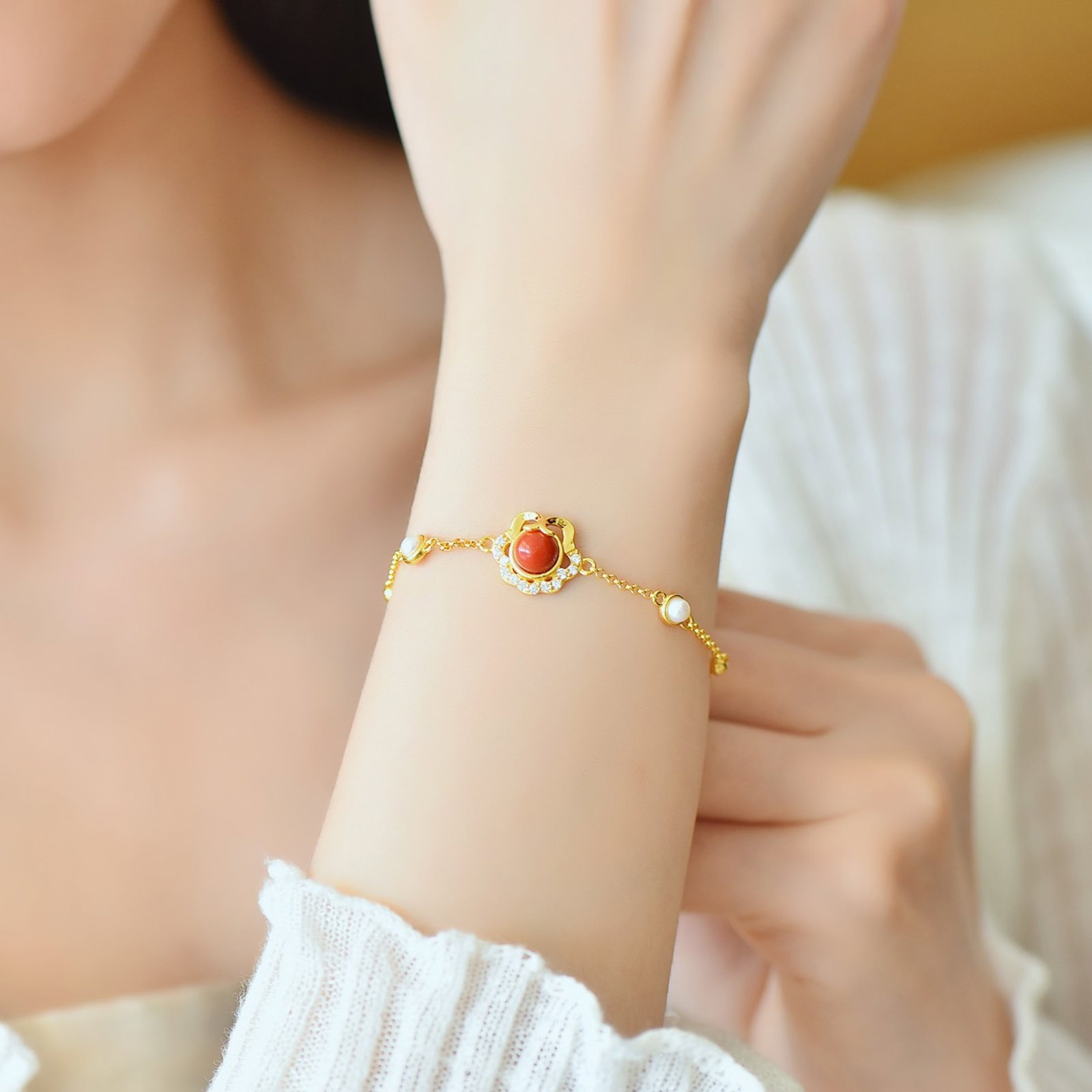 An Exquisite Sterling Silver-Gold Plated Inlaid Cinnabar Bracelets,Inlaid Diamond With Pearls - 6