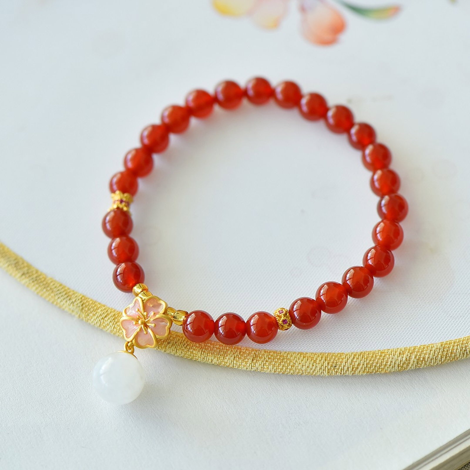 An Exquisite Sterling Silver-Gold Plated Inlaid Agate Bracelet,Inlaid White Jade - 3
