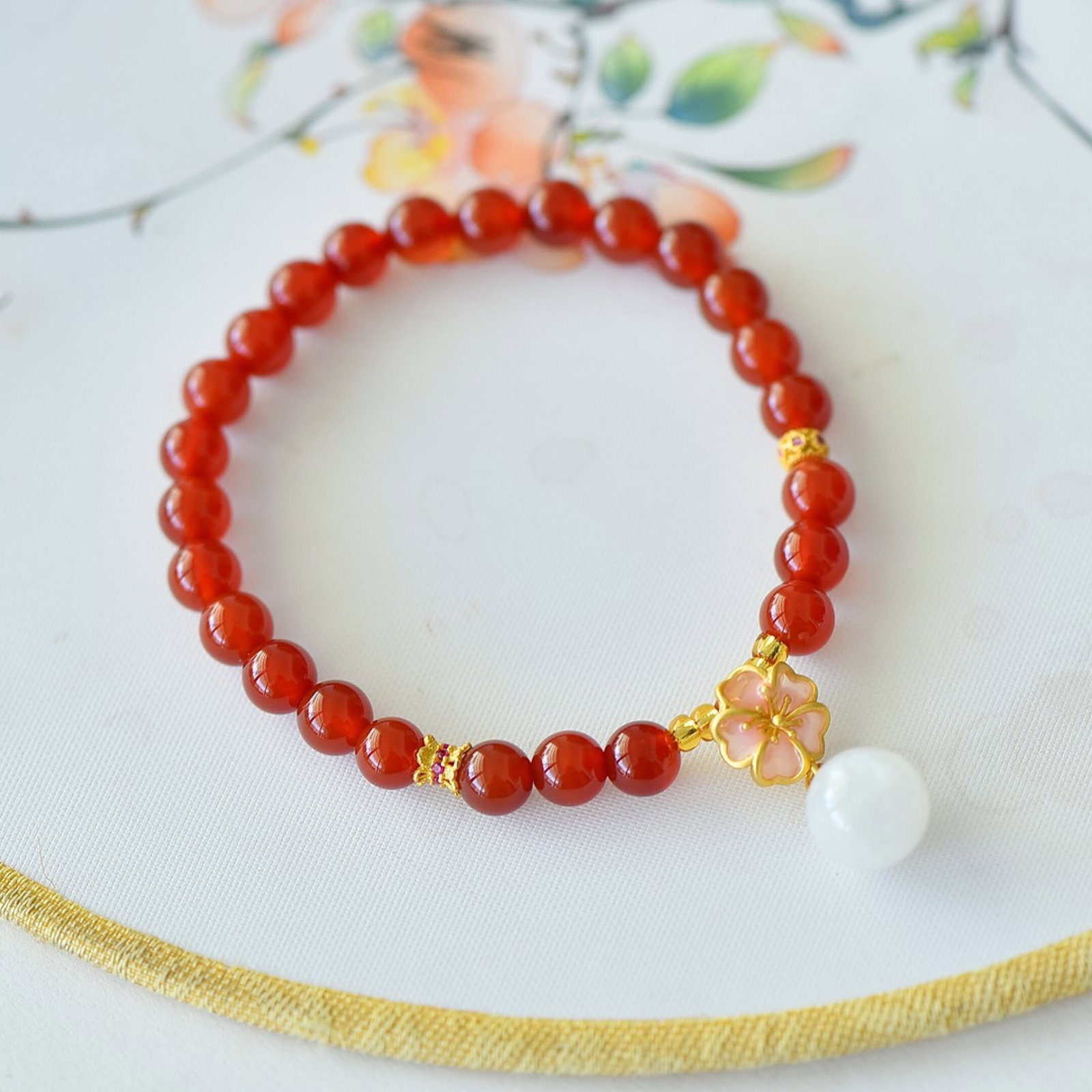 An Exquisite Sterling Silver-Gold Plated Inlaid Agate Bracelet,Inlaid White Jade - 4