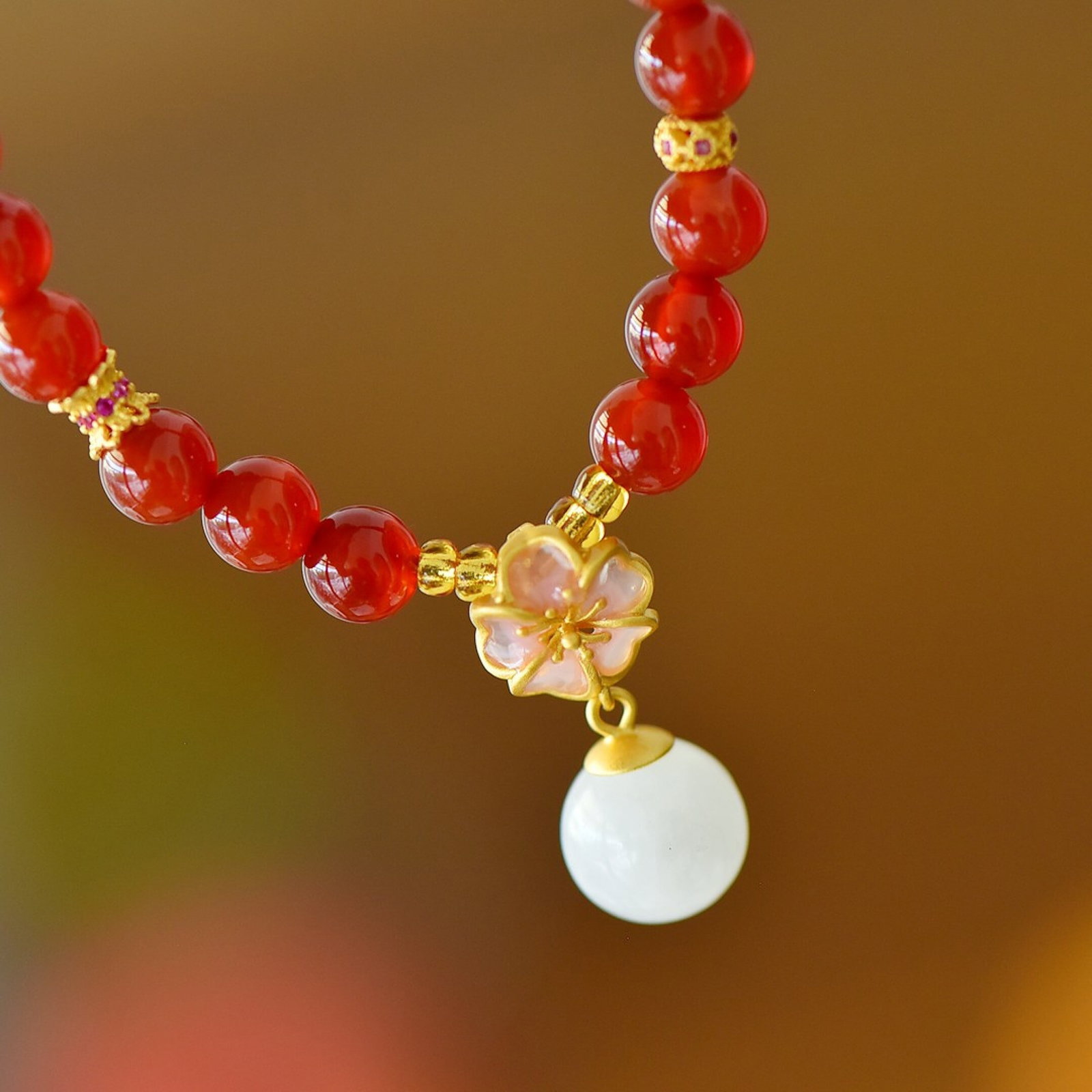 An Exquisite Sterling Silver-Gold Plated Inlaid Agate Bracelet,Inlaid White Jade - 5