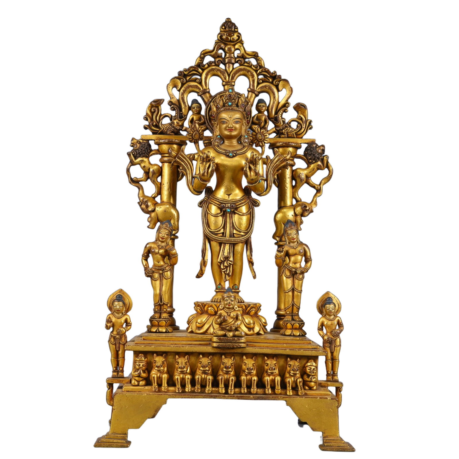 A Solemn Gilt Bronze Buddha Statue,Inlaid Gems and Turquoise: Estimated Value:16000-32000 A Solemn Gilt Bronze Buddha Statue,Inlaid Gems and Turquoise,Qing Dynasty, China,Size:8.7inx5.9inx15.7in,Weight:5250g