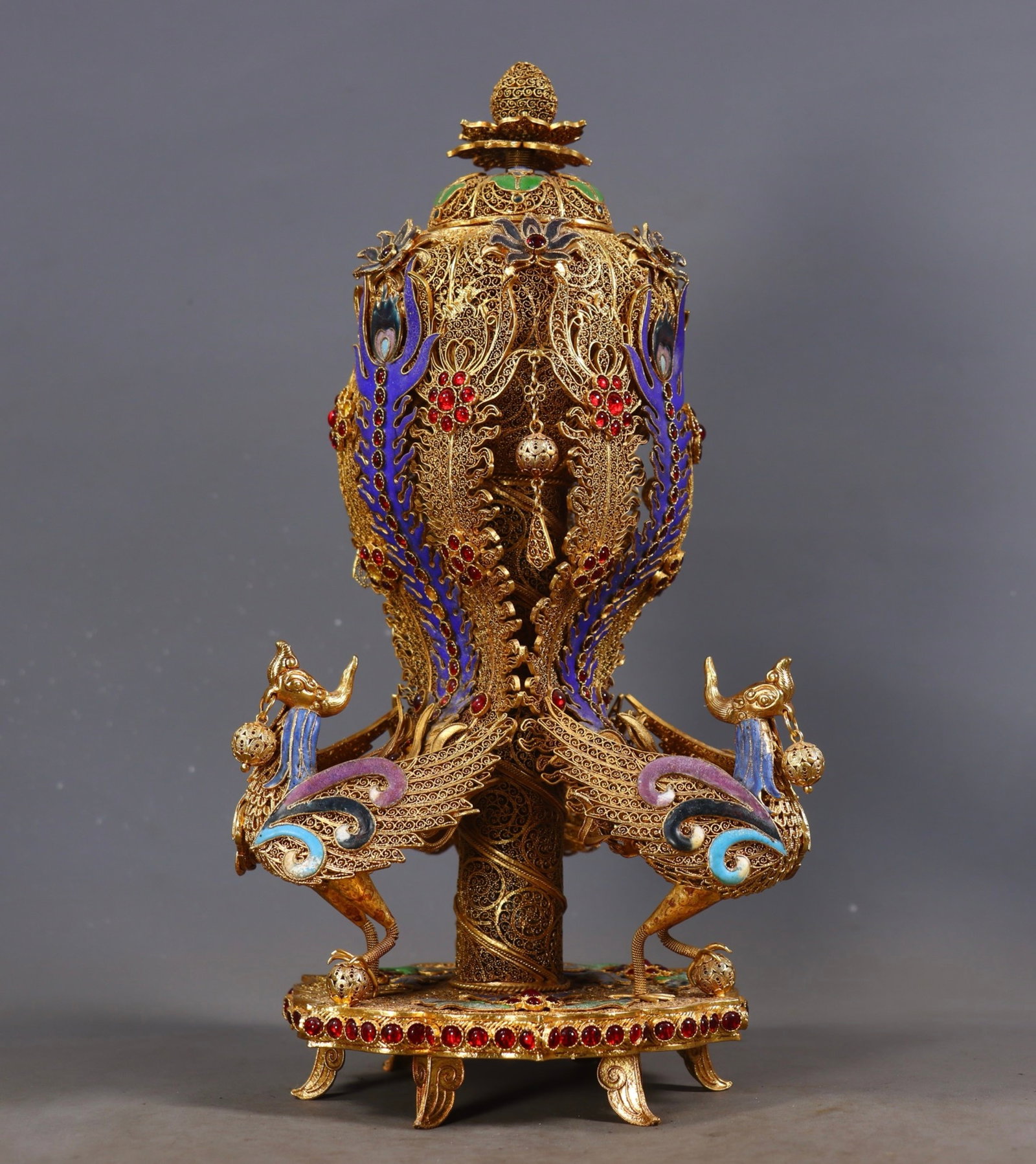 A Rare Filigree and Gilding Phoenix Legs Censer,Inlaid Gems - 5