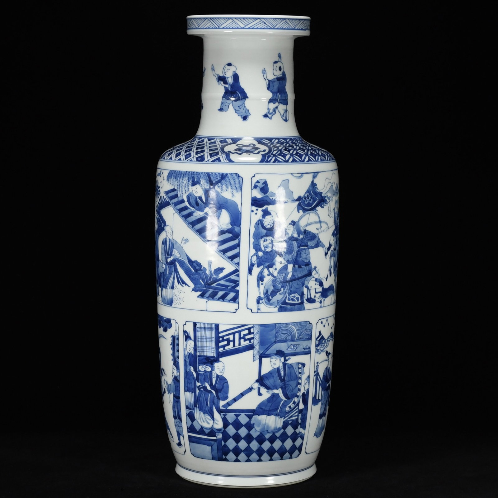 A Huge Blue and White Character and Story Pattern Vase: Estimated Value:3200-6400 A Huge Blue and White Character and Story Pattern Vase,Qing Dynasty,China,Kangxi Six-character Mark,Size:18.9inx7.9in
