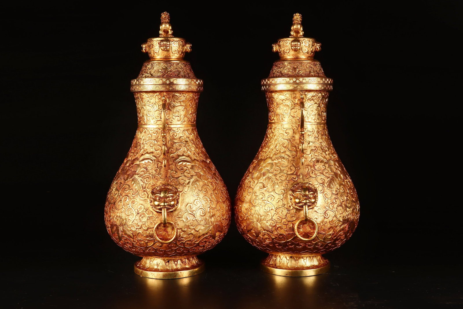 A Pair of Huge Gilt Bronze Lotus Pattern Beast-Ears Bottles - 2