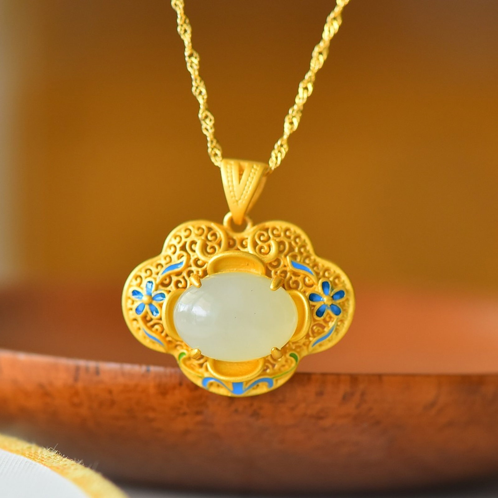 An Exquisite Sterling Silver-Gold Plated Inlaid White Jade Enamel Pendant - 2