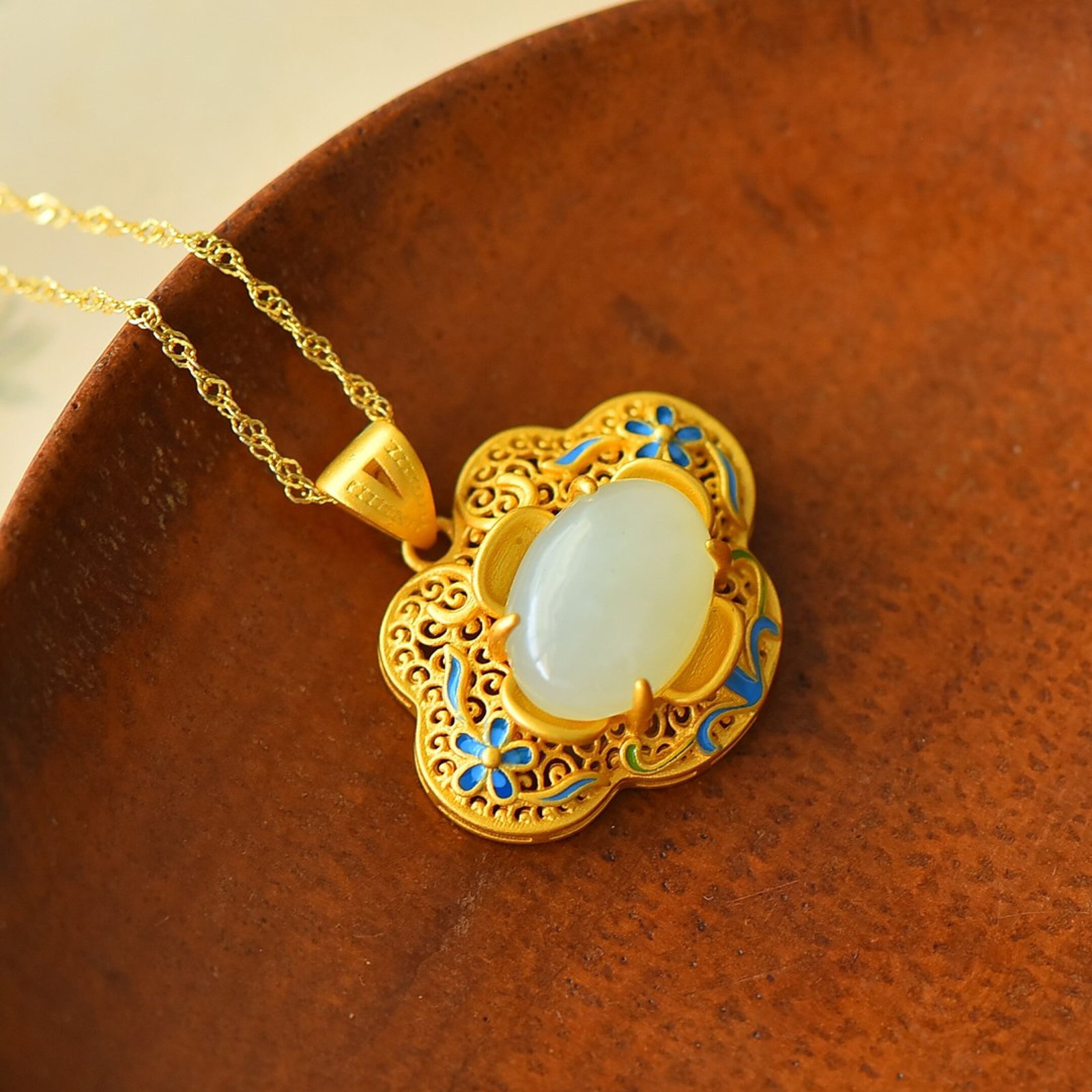 An Exquisite Sterling Silver-Gold Plated Inlaid White Jade Enamel Pendant - 3