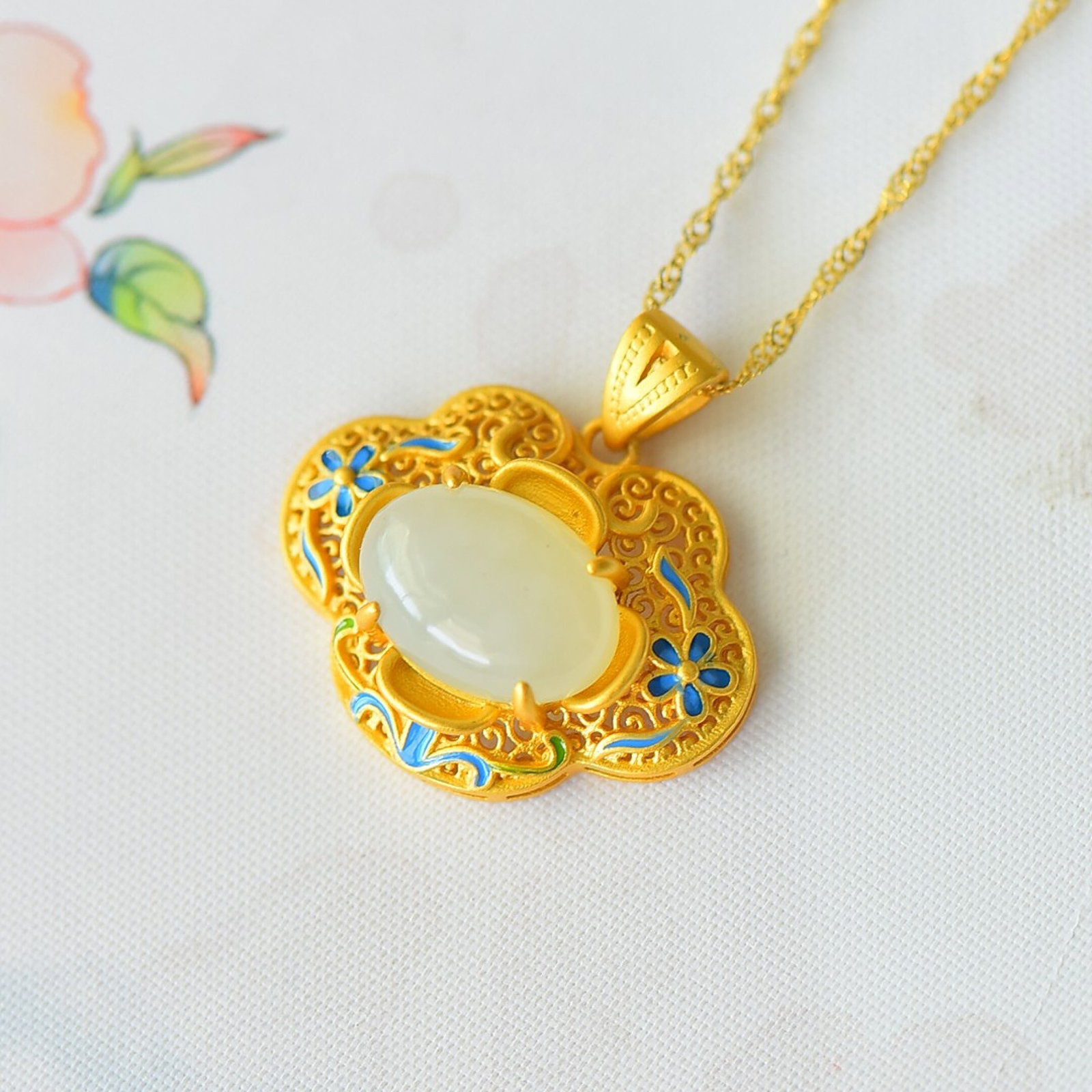 An Exquisite Sterling Silver-Gold Plated Inlaid White Jade Enamel Pendant - 4