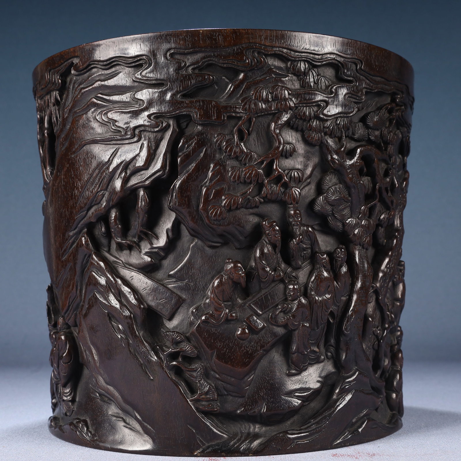 An Exquisite Zitanwood Character and Story Pattern Brush Pot,With Poem: Estimated Value:22000-44000 An Exquisite Zitanwood Character and Story Pattern Brush Pot,With Poem,Qing Dynasty, China,Size:9.3inx8.3in,Weight:3200g