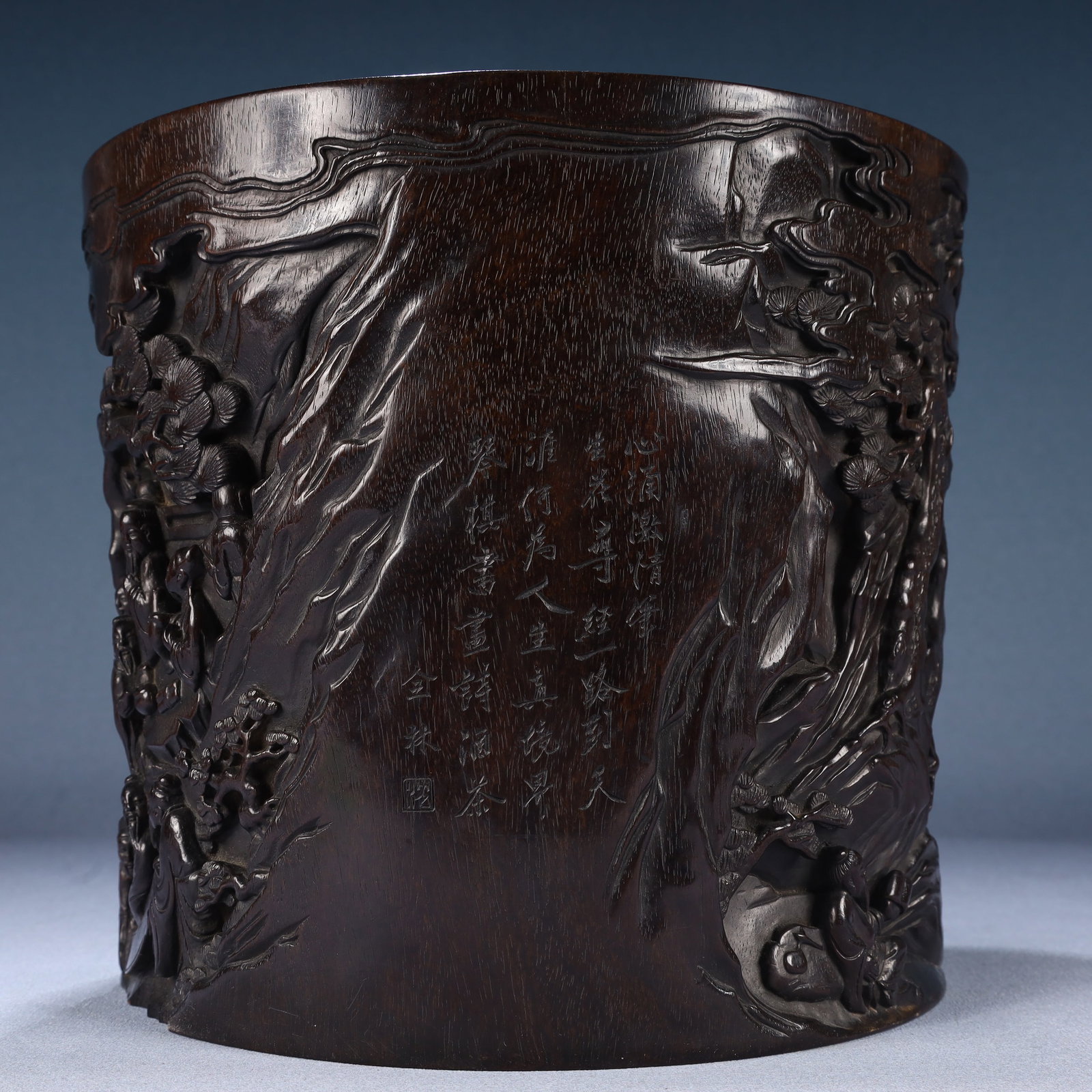 An Exquisite Zitanwood Character and Story Pattern Brush Pot,With Poem - 4