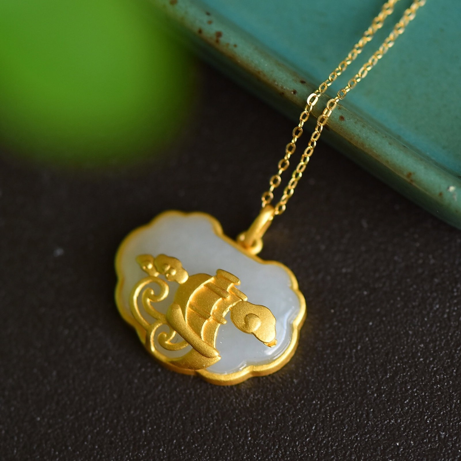 An Exquisite Sterling Silver-Gold Plated Inlaid White Jade Pendant - 2