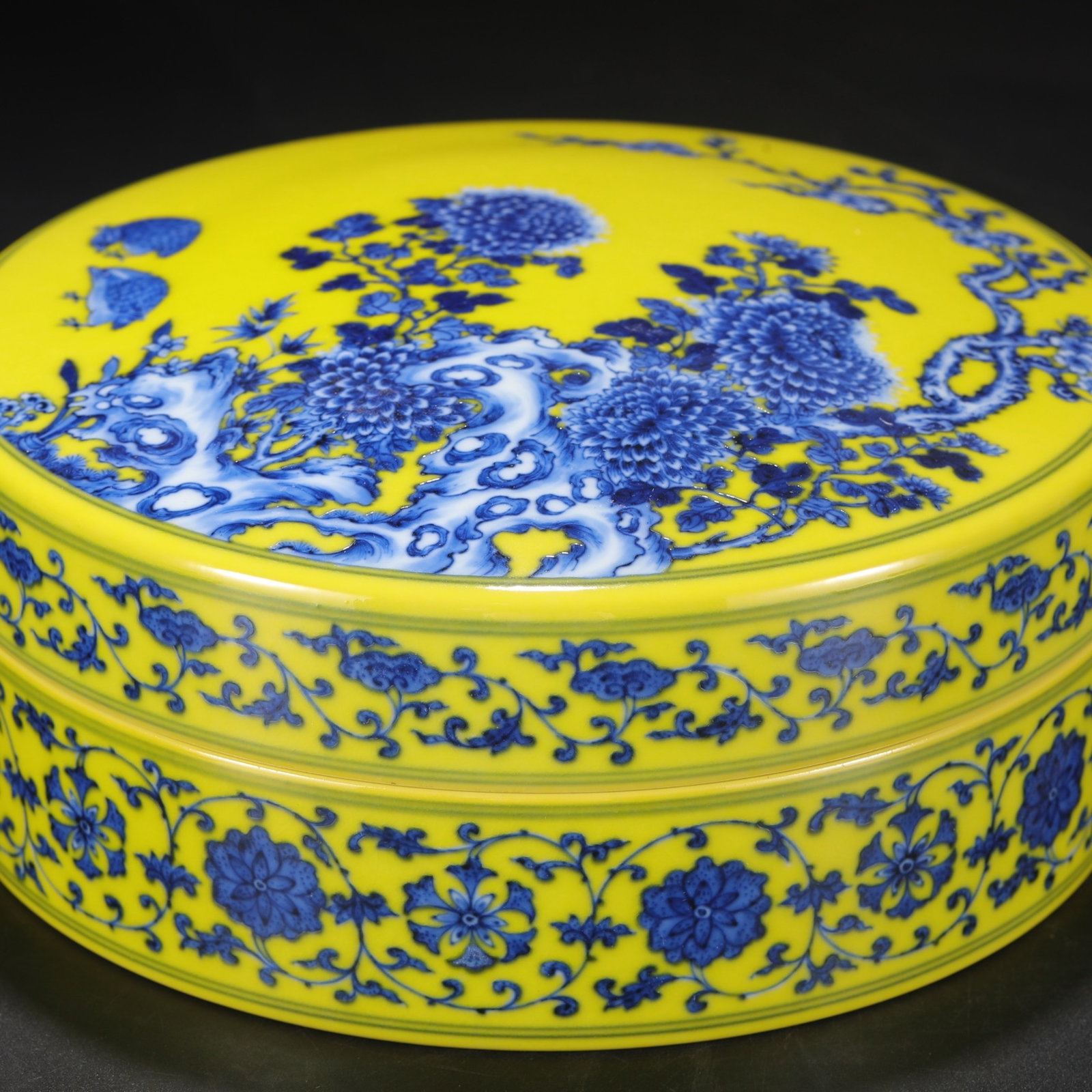 An Exquisite Yellow Ground Blue and White Flower and Bird Pattern Box with Cover - 3