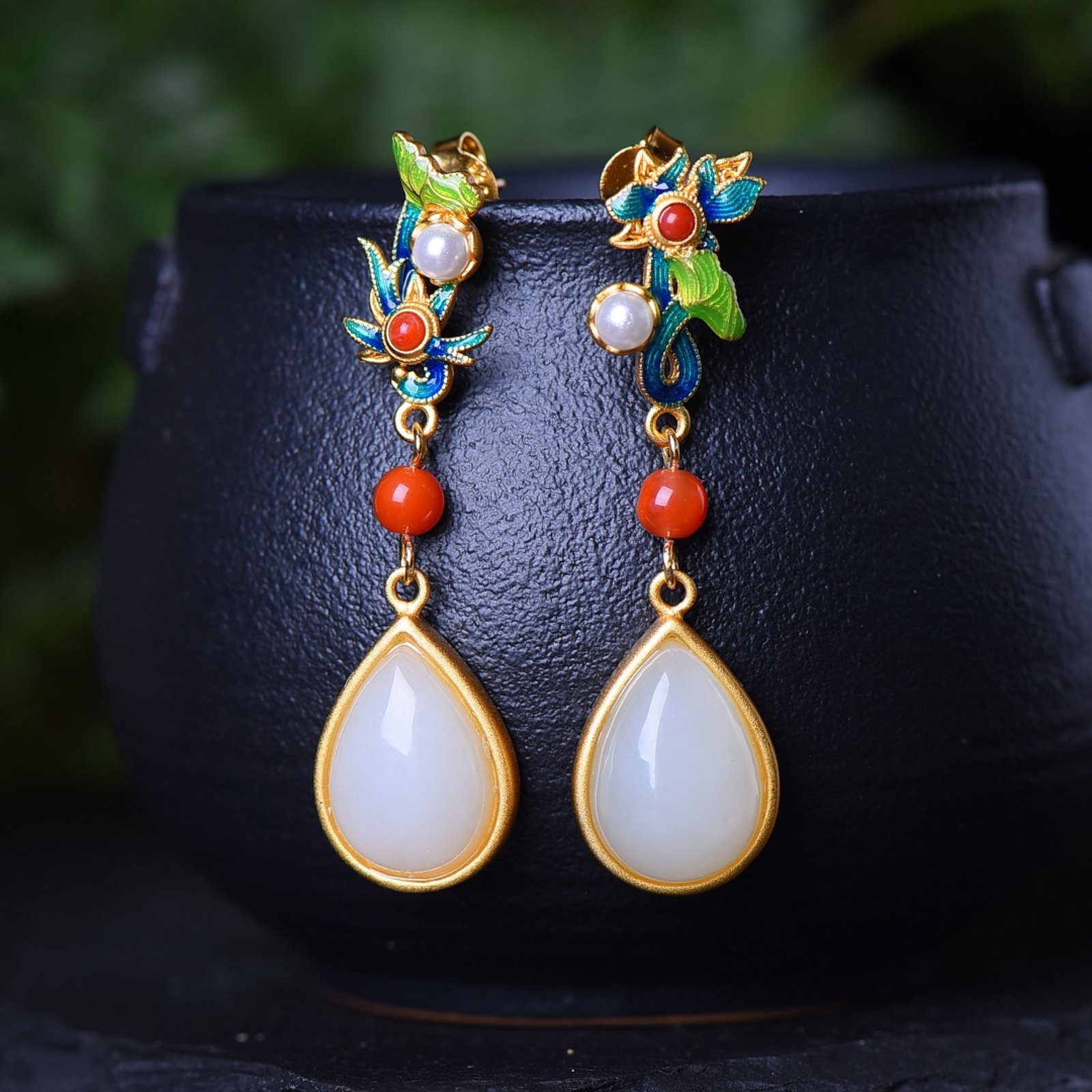 A Pair of Exquisite Sterling Silver-Gold Plated Inlaid White Jade Enamel Earrings - 2