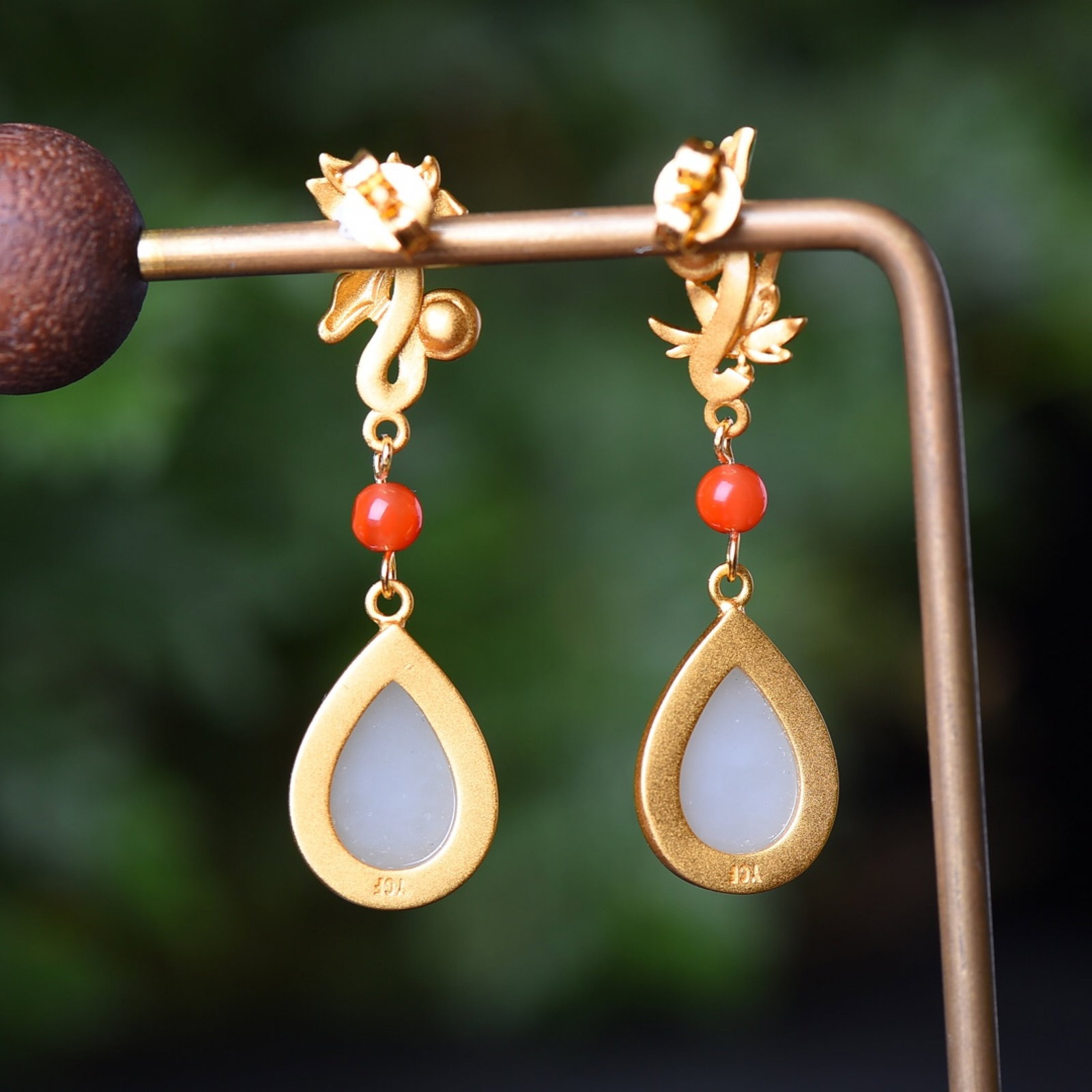 A Pair of Exquisite Sterling Silver-Gold Plated Inlaid White Jade Enamel Earrings - 5